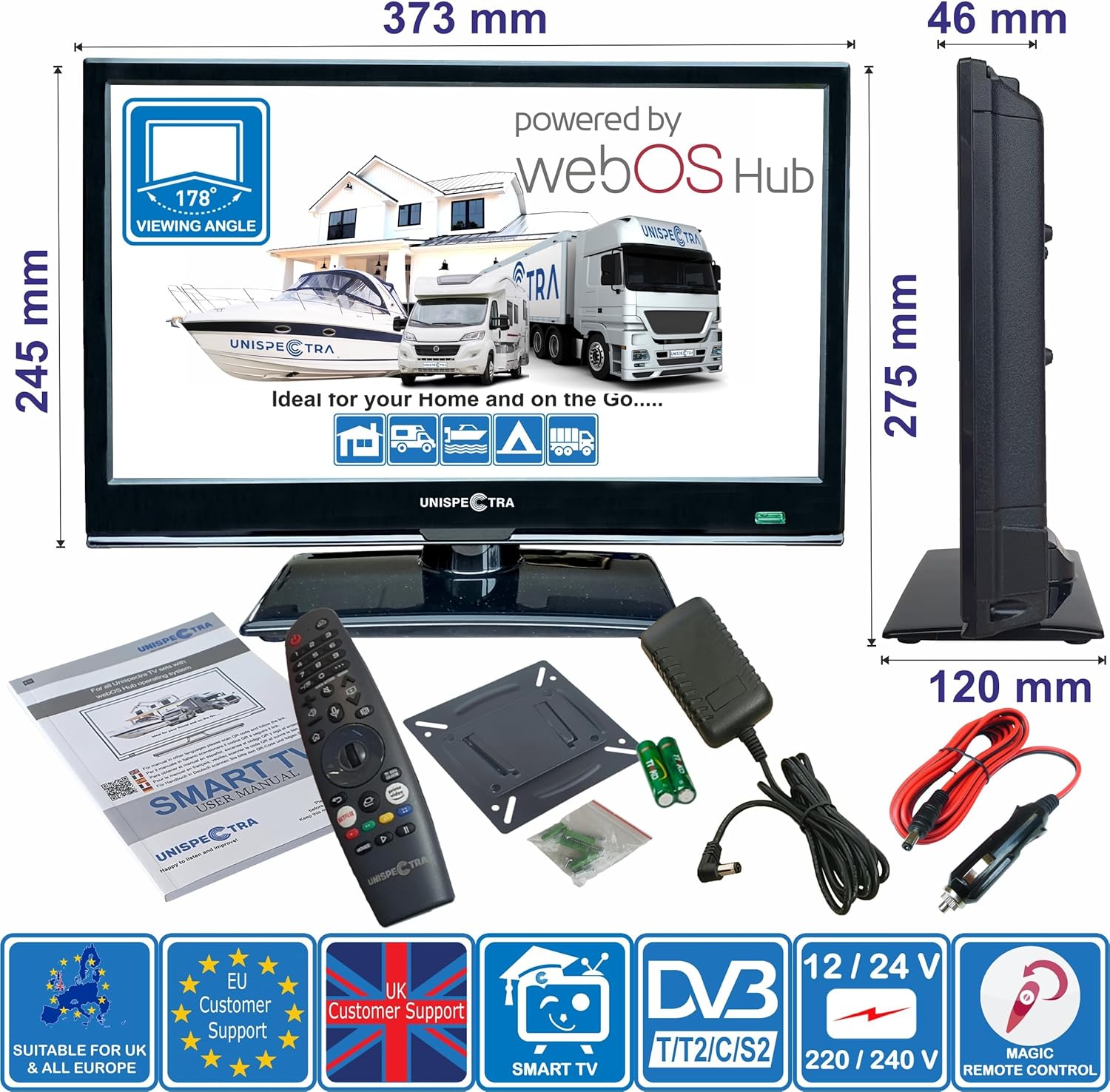 Unispectra® 16“ Smart TV (webOS) Full HD 230V 24V Triple Tuner: Sat, Antenne, Kabel TV, 3xHDMI, 2xUSB, Magic Remote. 12V Fernseher für Wohnmobile, Wohnwagen, LKWs, Lieferwagen, Boote