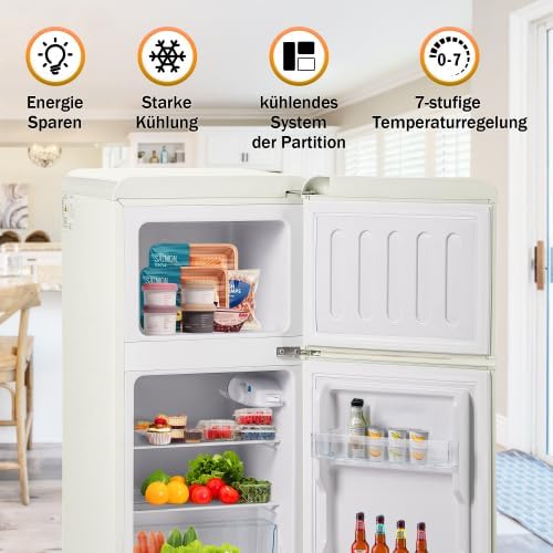 Merax Retro Kühlschrank mit Gefrierfach – 60L Mini Kühlschrank, 22L Gefrierfach, 38L Kühlfach, 7 Temperaturstufen, Energieeffizienzklasse E, Cremeweiß, 102 kWh/Jahr