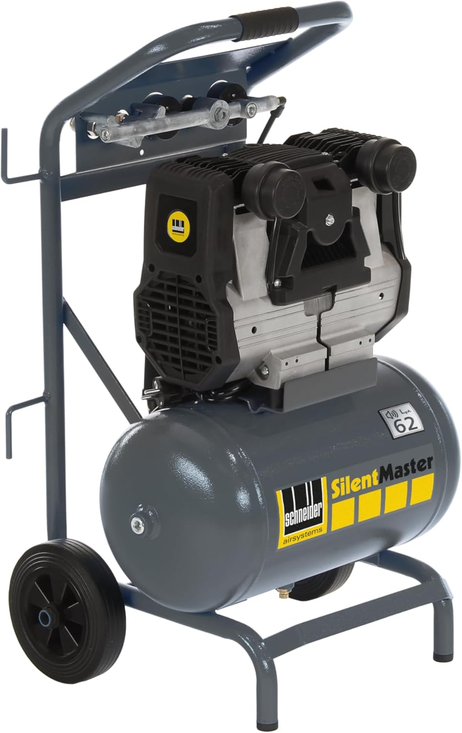 SCHNEIDER SILENTMASTER Leicht zu transportierender Luftkompressor 20 Liter Ölfrei Maximaler Druck 9 Bar Leistung: 2 PS Geräuschpegel: 62 dB LwA