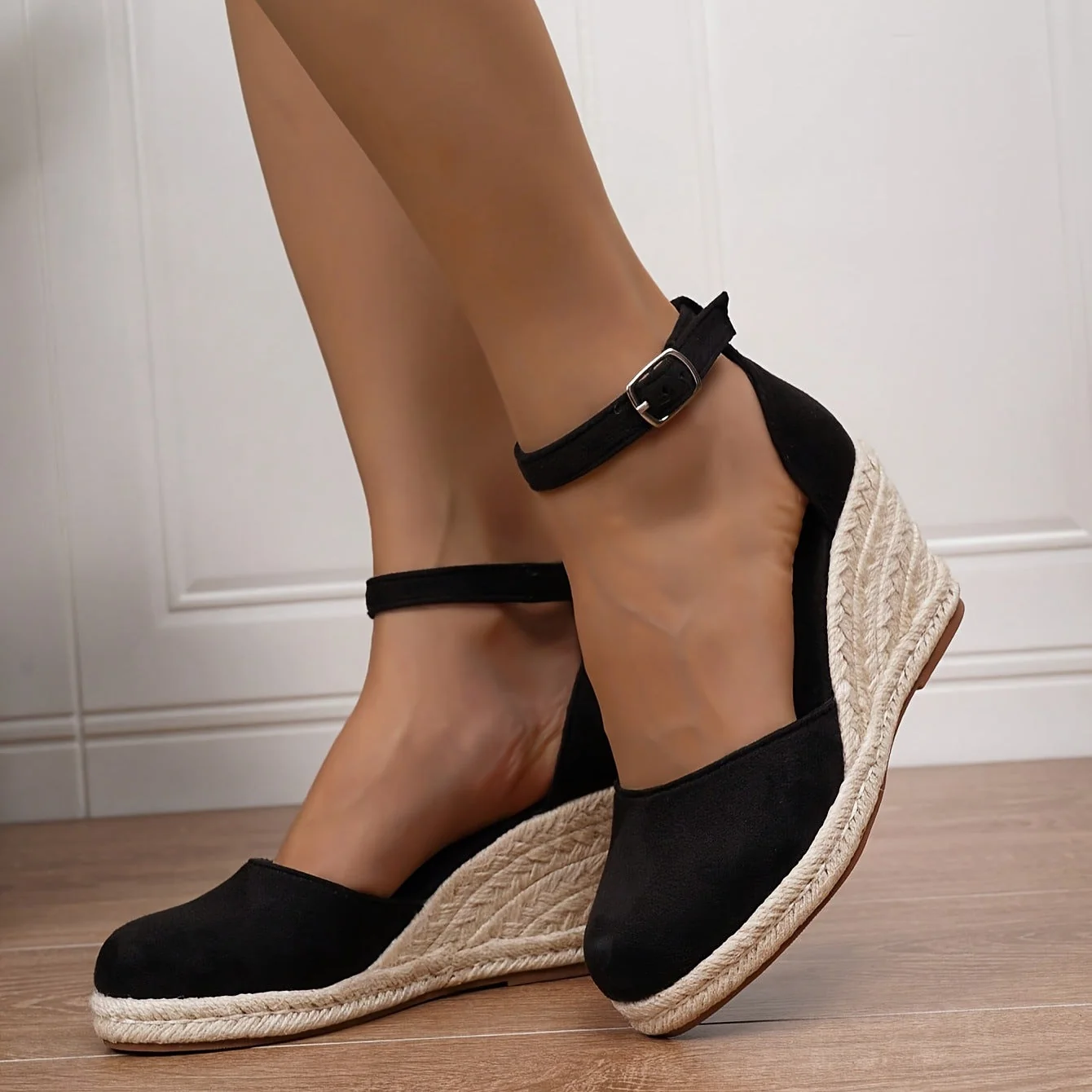 Damen Keilsandaletten mit geschlossenem Zehenbereich | Bequeme Espadrilles Sandalen mit Keilabsatz und verstellbarem Riemen