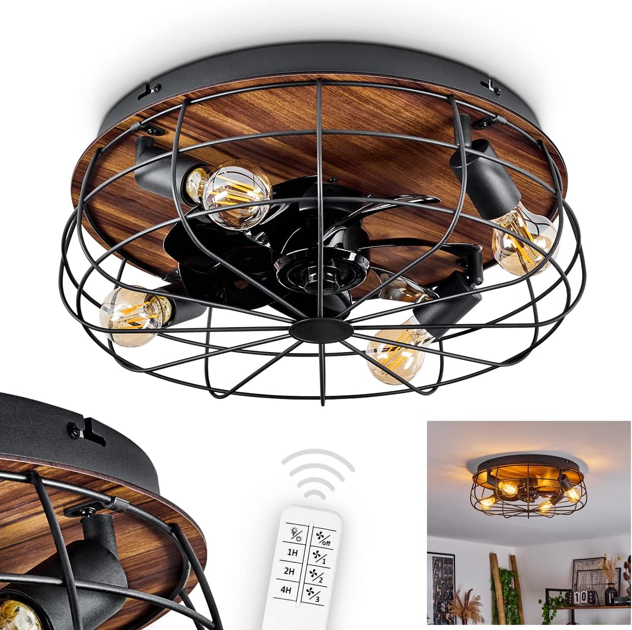 Deckenventilator Moscavide, Ventilator aus Metall/Kunststoff in Schwarz/Holzoptik/Braun mit Fernbedienung, Deckenleuchte mit schwenkbaren Spots, 4-flammig, 4 x E27 max. 10 Watt IP20