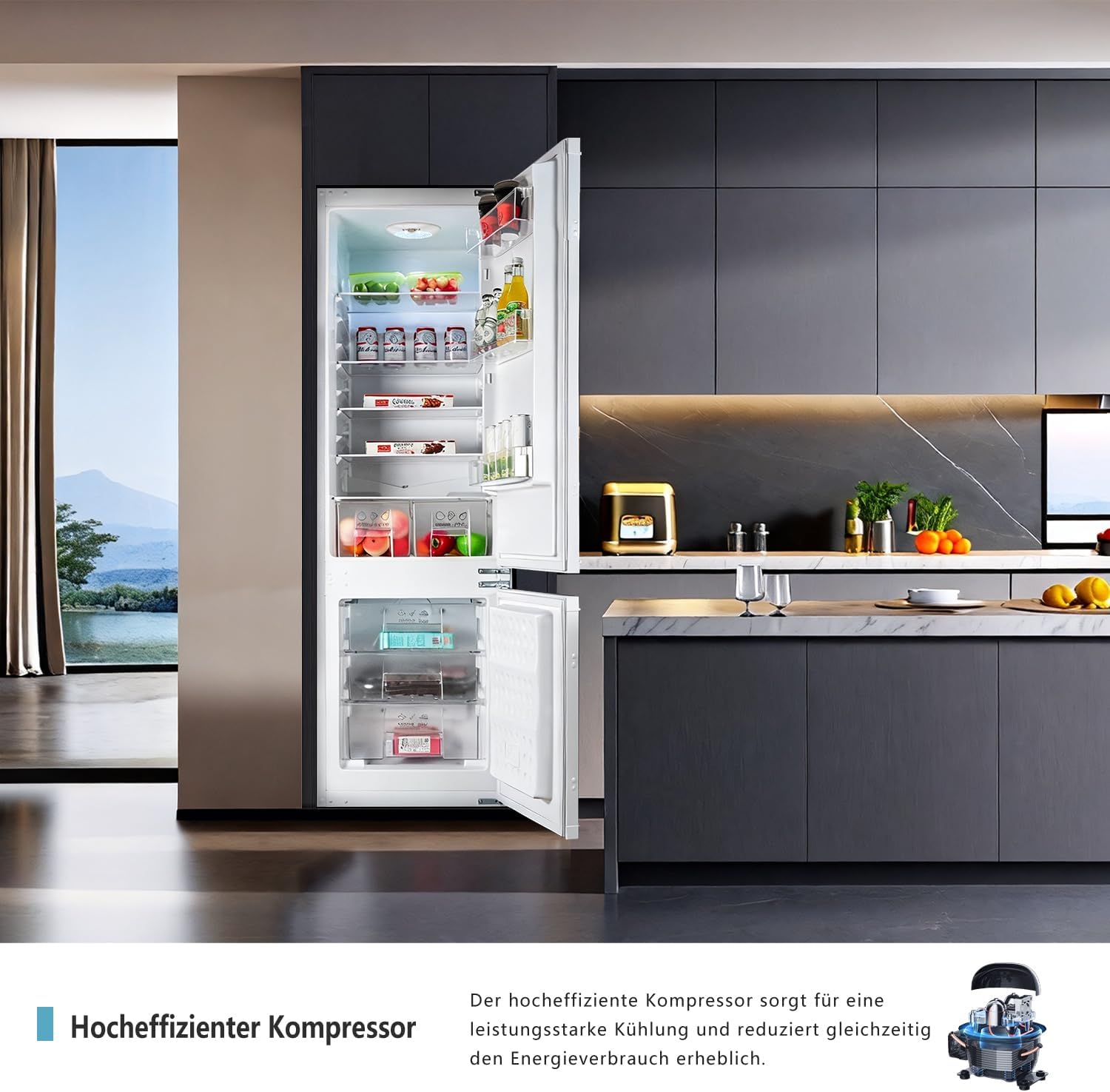 Einbaukühlschrank mit gefrierfach 177 cm hoch x 54 cm breit , 【 Nofrost Plus 】, kühl gefrierkombination einbau 178 kühlschrank | 225 L (181L/44L) | Energieeffizient | 5 hat | Leise | Türs Wechselbar
