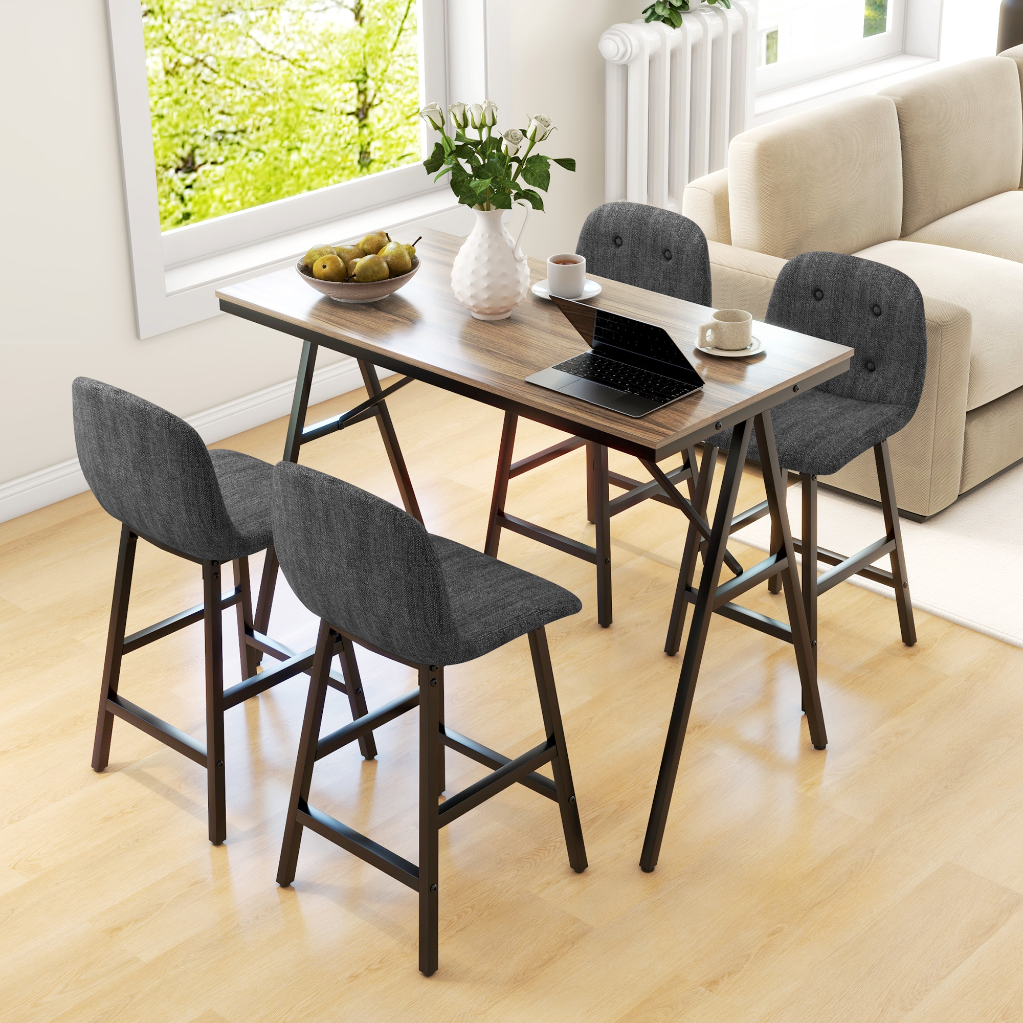5-delige Bargarnituur, Tafel en 4 Stoelen, Knoopafwerking, Dikke Bekleding, Linnenlook, Donkergrijs