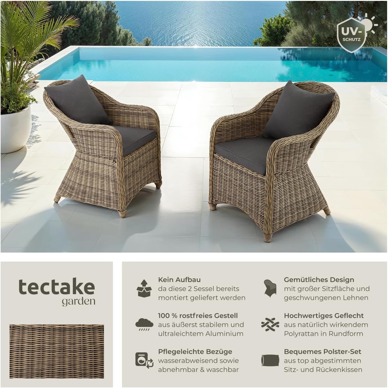 tectake® Alu Polyrattan Gartenstuhl 2er Set, Gartenmöbel Set mit 2 Sessel, wetterfest, Rattan Gartensessel mit weichen Sitzpolster, abziehbarer und waschbarer Bezug, stabil und bodenschonend - Natur