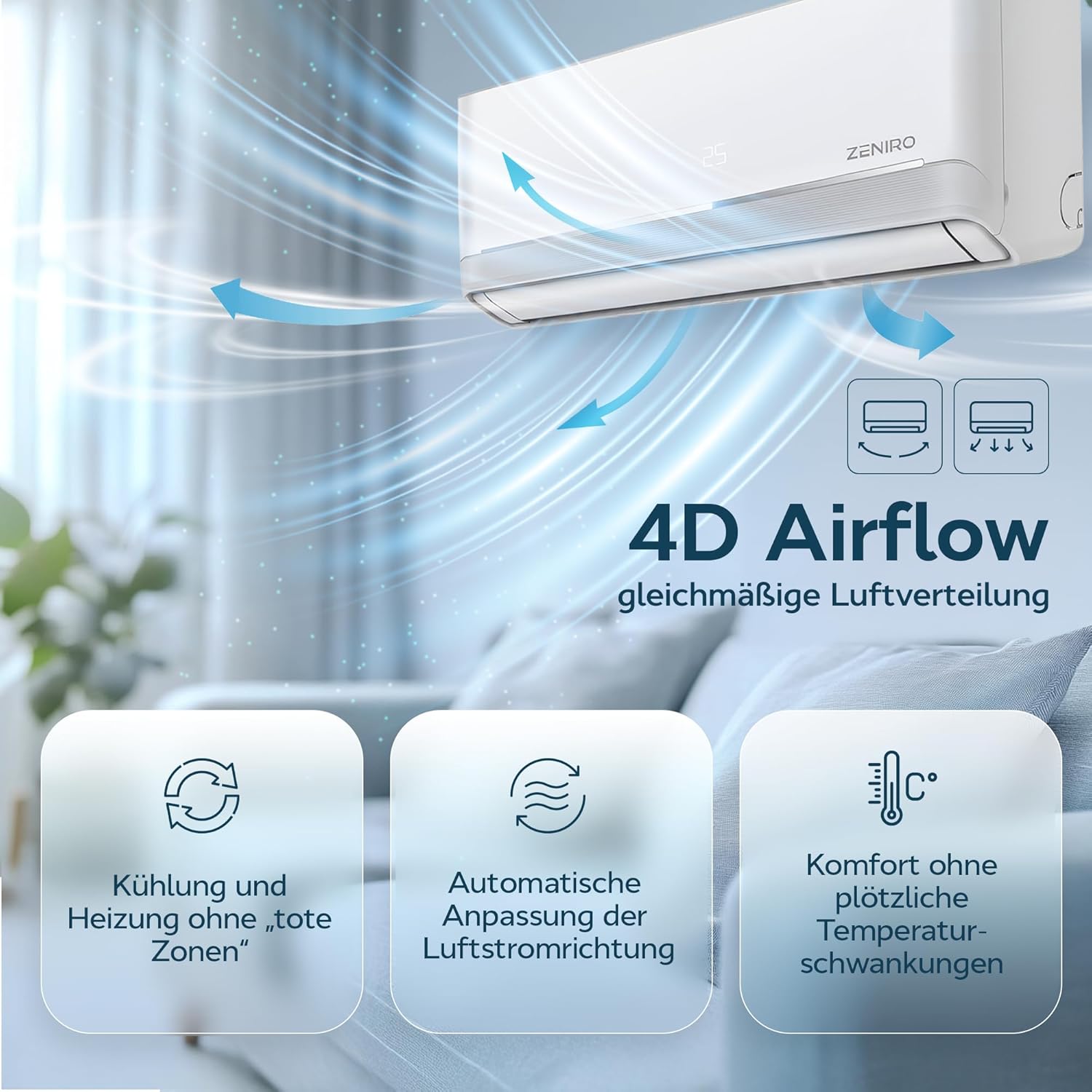 Klimanlage Split Klimagerät Set Air Conditioner mit Heizfunktion 24000 BTU 7,2kW A++ WiFi/App-Steuerung 4D AirFlow Auto Reinigung inkl. Montagematerial Vorgefüllt R32