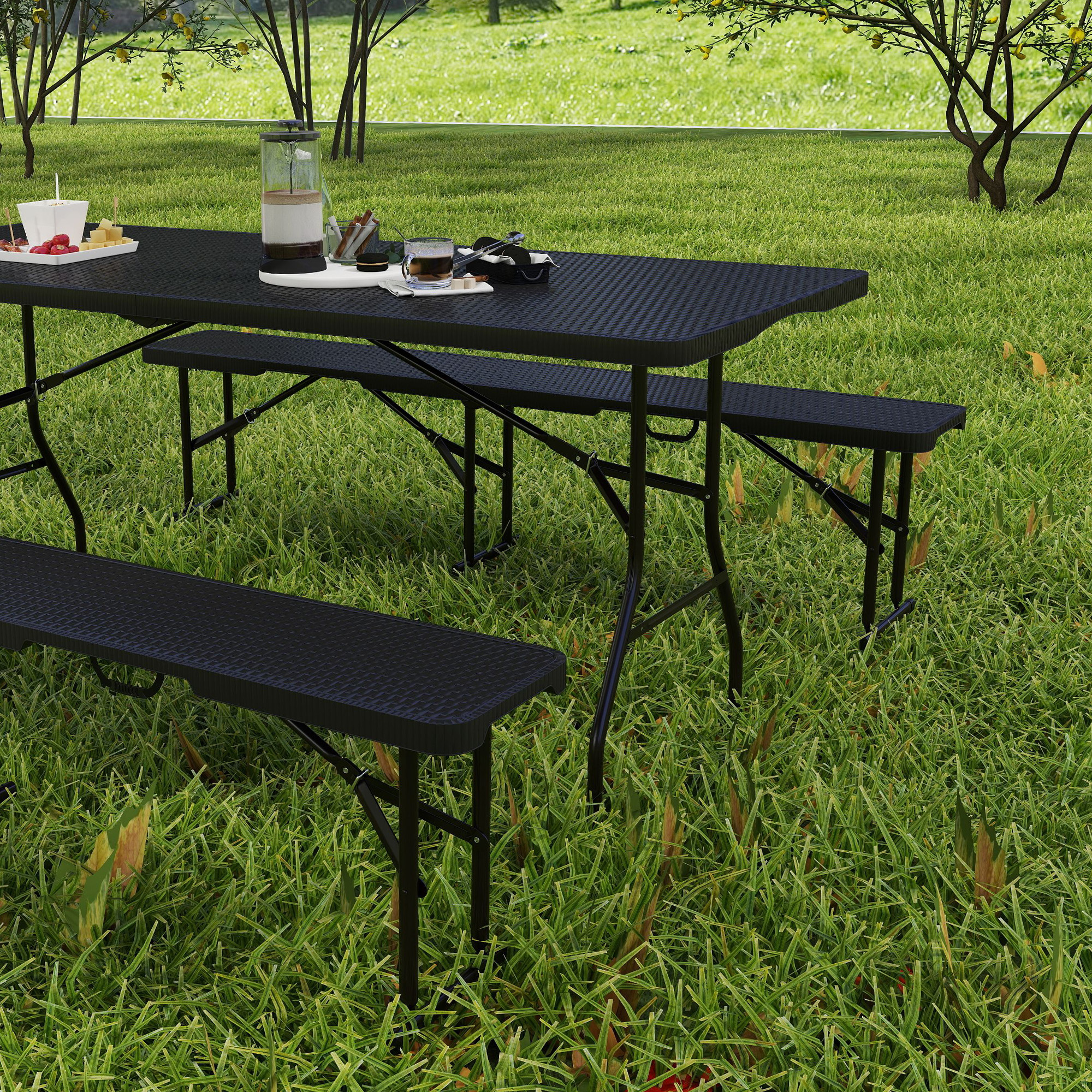 Outsunny Picknicktafel en Banken, 3-Delige Set, Opvouwbaar, Kunststof, Metaal, Zwart