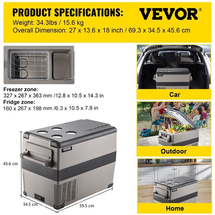 Glacière Électrique Voiture VEVOR 45W, Réfrigérateur Portable à Compression,40,5L, Mini Frigo, 69x35x46 cm, Glacière Électrique