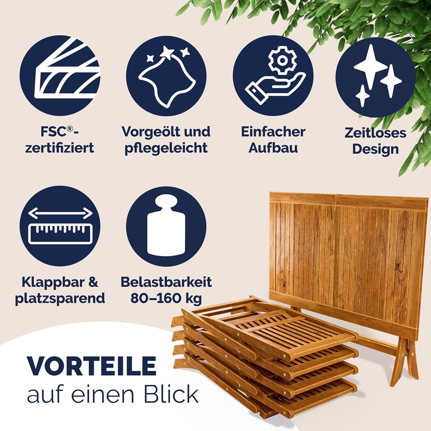 Casaria® Gartenmöbel Set Wetterfest Klappbar Akazie 5-TLG. FSC®-Zertifiziert Holz 160kg Belastbarkeit Garten Terrasse Balkonmöbel 120x70cm Möbelset 4 Personen