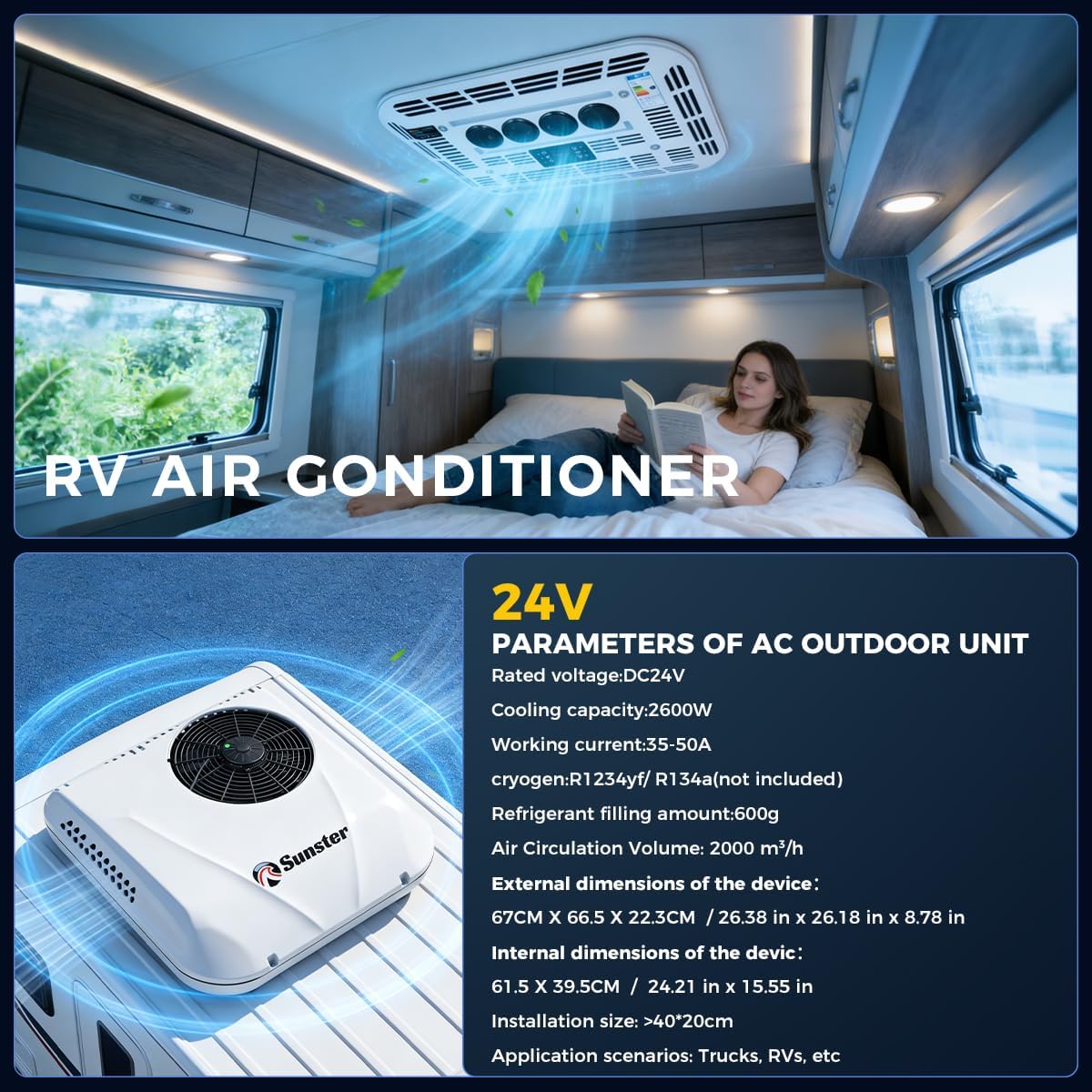 Sunster Klimaanlage Wohnwagen, 24V Dachklimaanlage für Wohnmobil, Wohnmobil Klimaanlage Kältefunktion Dachklimaanlage für PKW RV LKW Camper Bagger, Weiß
