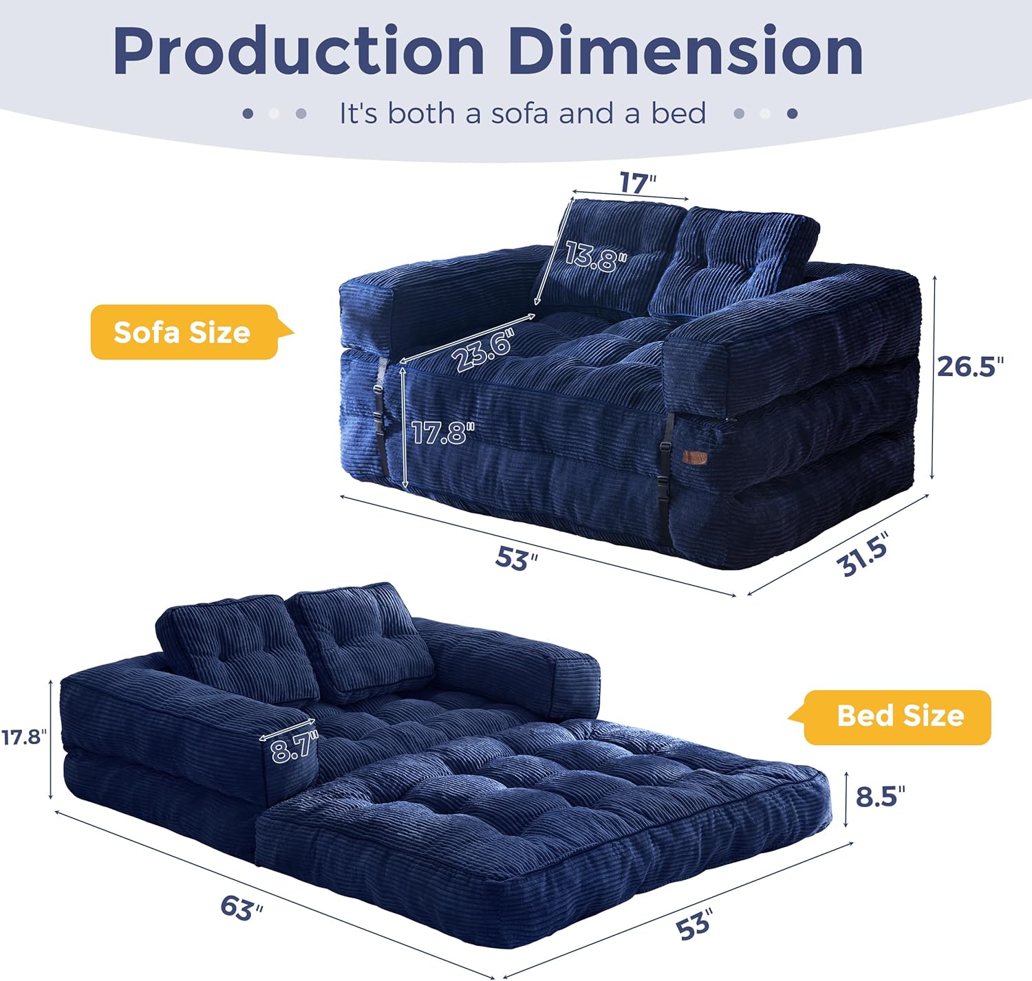 Folding Sofa Bed L-Shaped Convertible Sofa Bed with Armrests and Pillows