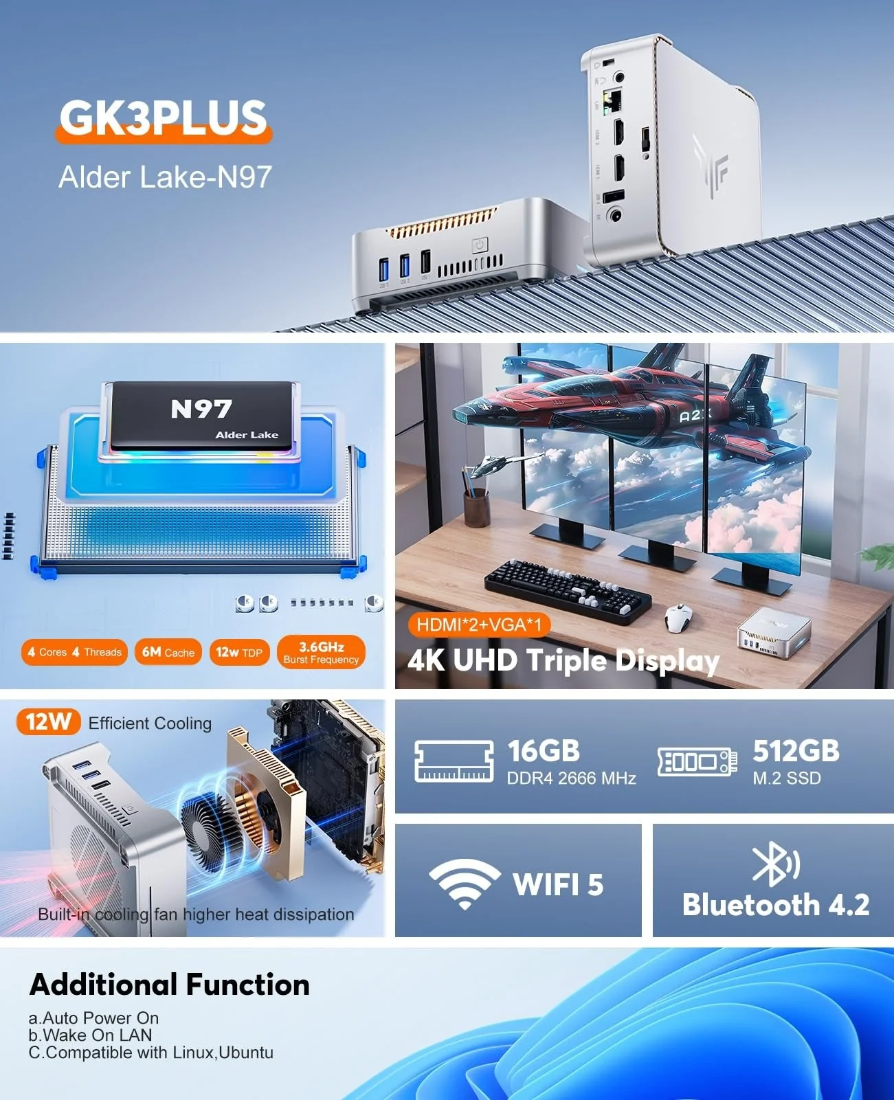 KAMRUI GK3Plus Mini PC, 16GB RAM, 512GB M.2 SSD Mini Computer