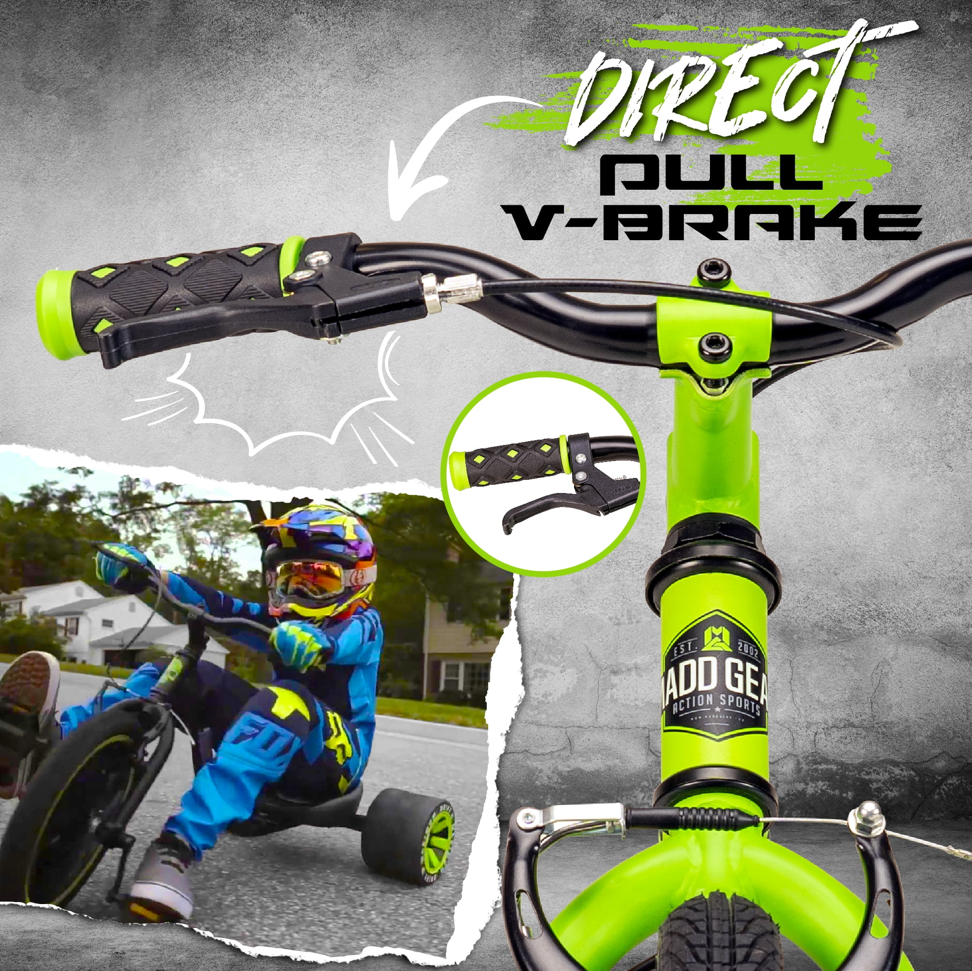 Madd Gear Drift Trike Strong Steel Frame Tricycle Adjustable Seat Black Green Machine 5 Years & up