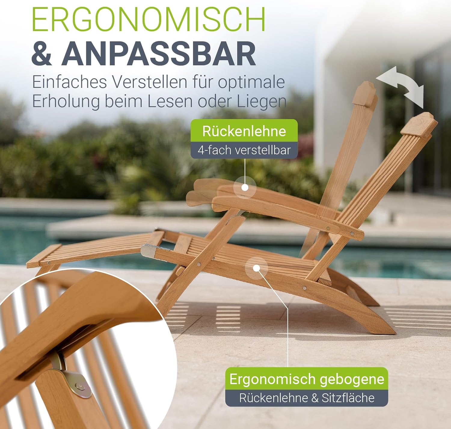Juskys® Sonnenliege Evia - klappbar für Garten & Terrasse, geöltes Akazienholz für natürliche Optik & langlebige Nutzung, 196x54x95 cm in Natur