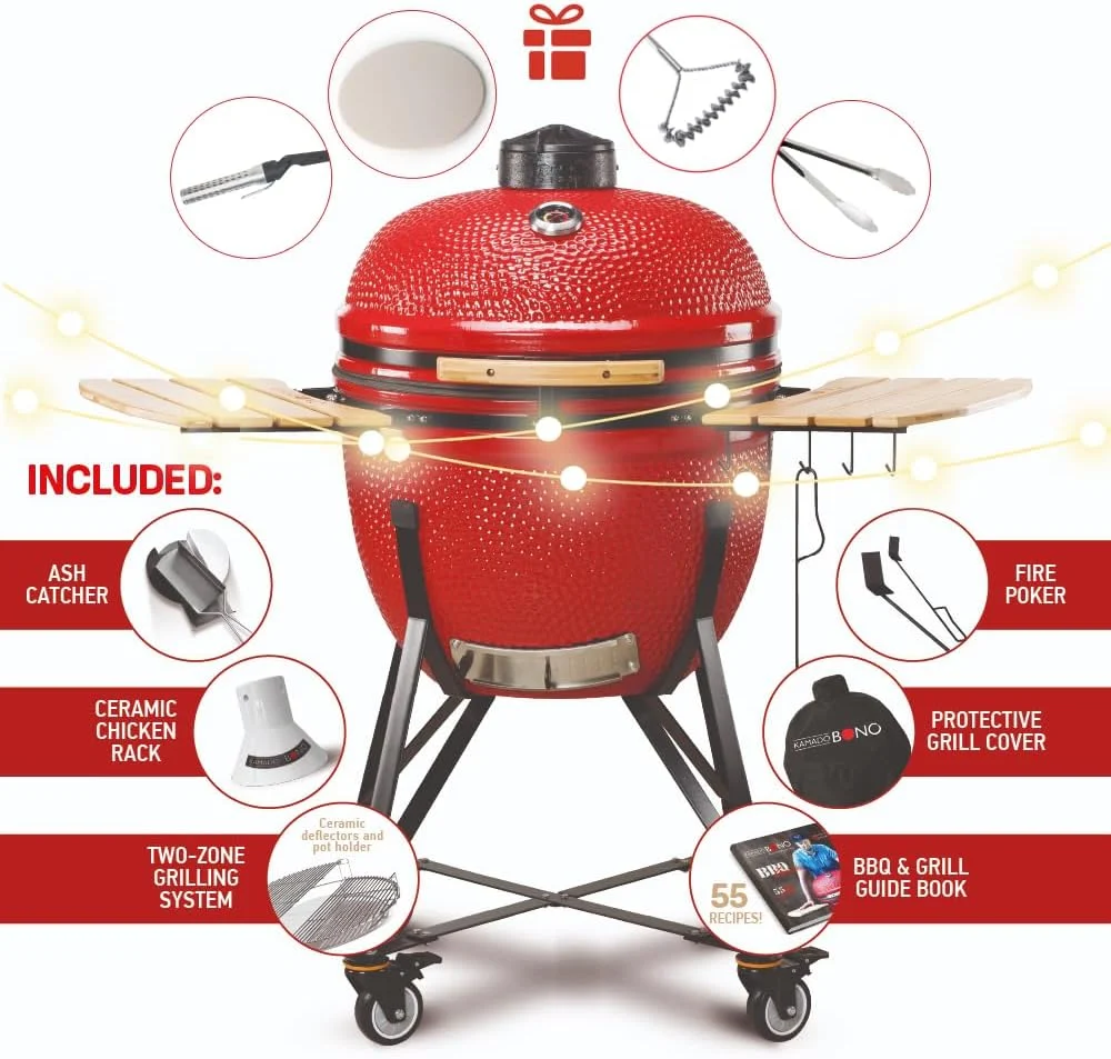 Kamado BONO BBQ - Barbacoa Grande XXL con 10 accesorios - Ø 64 cm Kamado Barbacoa con Accesorios - Parrilla ahumador rojo en la terraza, balcón o jardín