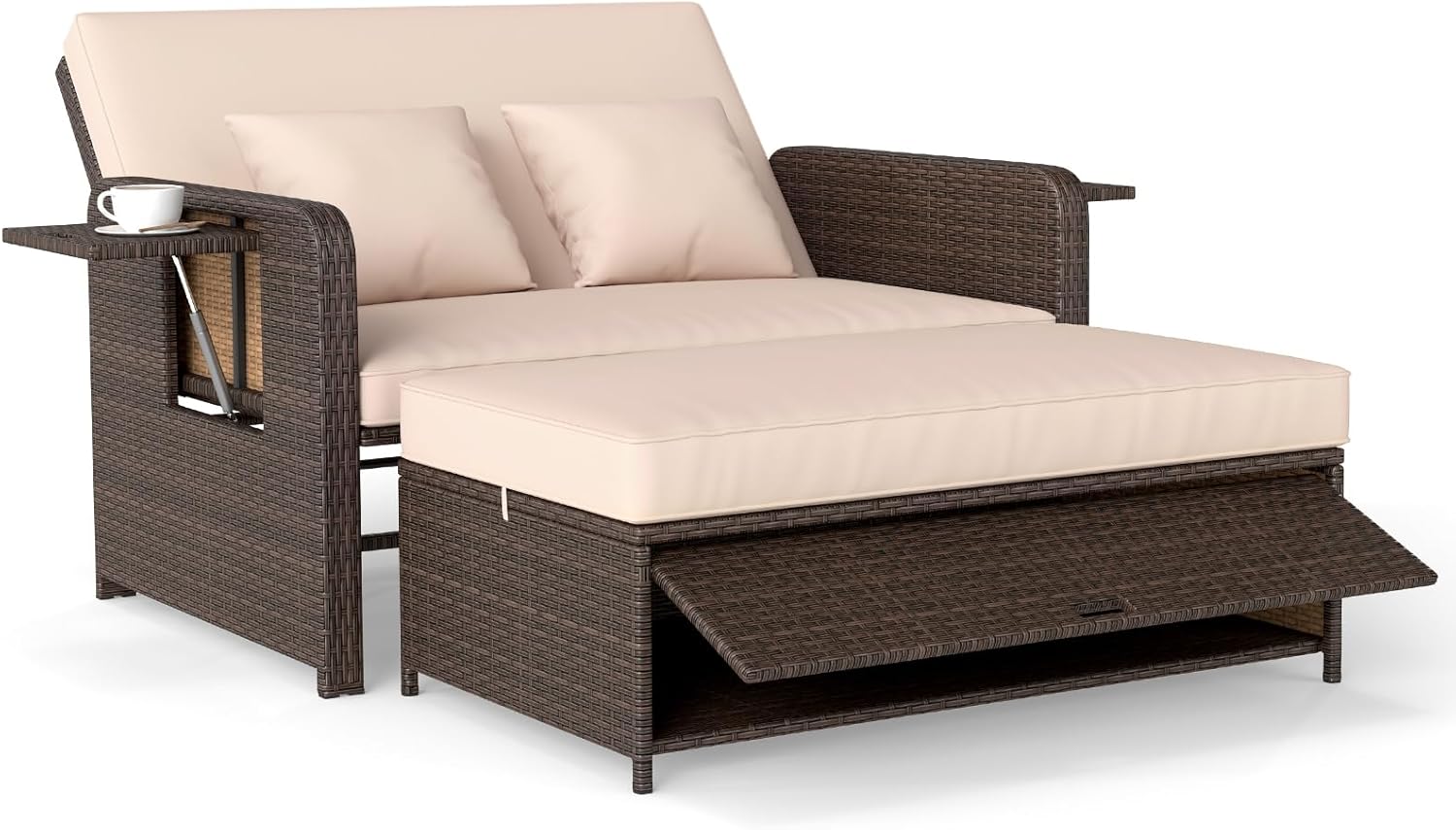 COSTWAY 3 in 1 Polyrattan Sonnenliege, Gartenliege mit Verstellbarer Rückenlehne & Seitenablagen, Loungebett, Doppelliege mit Kissen, Gartensofa mit Hocker & Stauraum für Garten