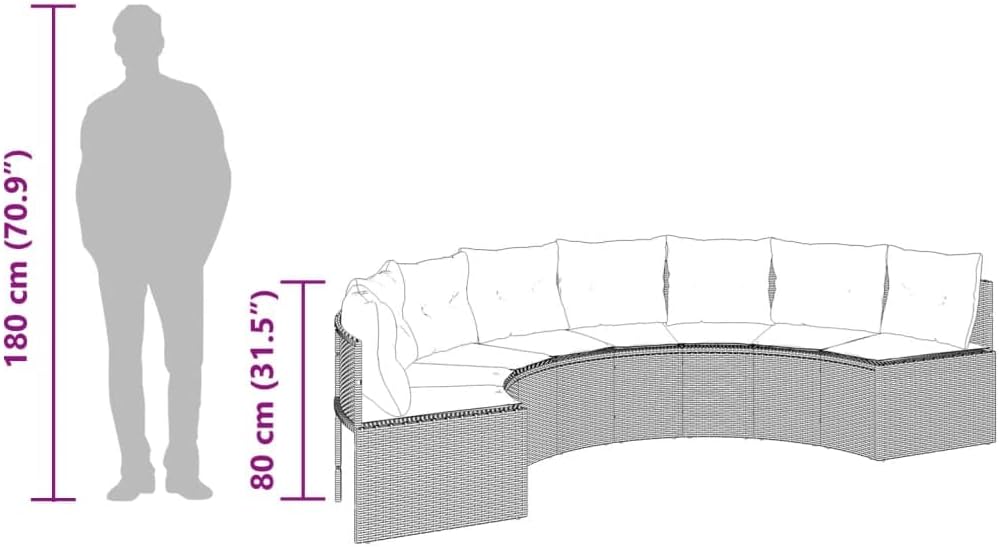 Gartensofa Halbrund Grau Poly Rattan mit Kissen Set für Garten Terrasse Poolbereich, Bequemes Outdoor Sofa aus PE Rattan mit Abnehmbaren Bezügen und Stabilem Stahlrahmen,