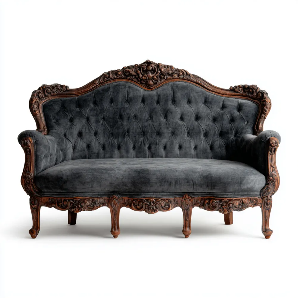 2-Sitzer-Sofa 150x85x105 cm Samtpolsterung Massivholz – Dunkelgrau – Barockstil