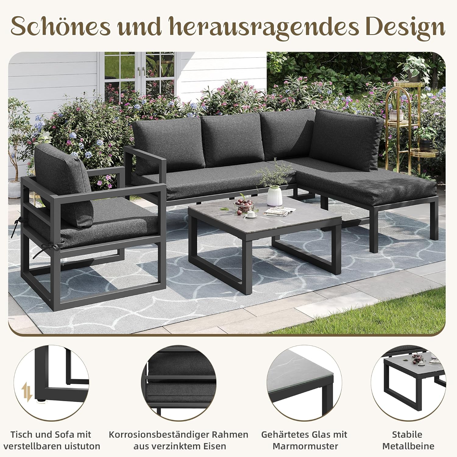 Kayan Gartenlounge Set für 4-5 Personen, Lounge Gartenmöbel Set mit Ecksofa, Sessel und Couchtisch, Balkonmöbel Wetterfest mit verzinktem Eisengestell und Kissen, verstellbare Füße, Grau