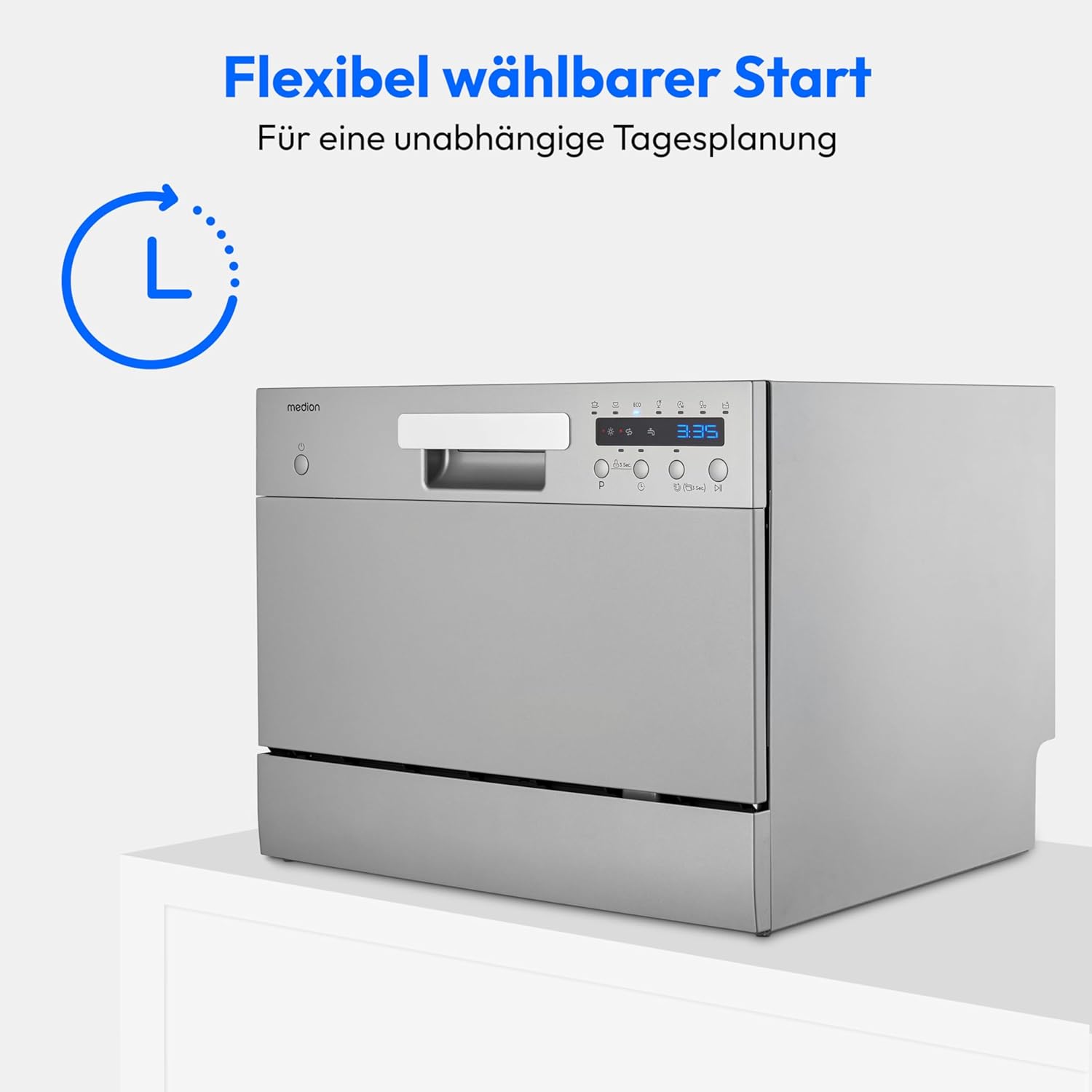 MEDION Tischgeschirrspüler DWT60 (6 Gedecke Fassungsvermögen, 7 Programme, ECO Programm, ca. 6,5 Liter Verbrauch, AquaStop, LED Display, Kindersicherung, MD37496) silber