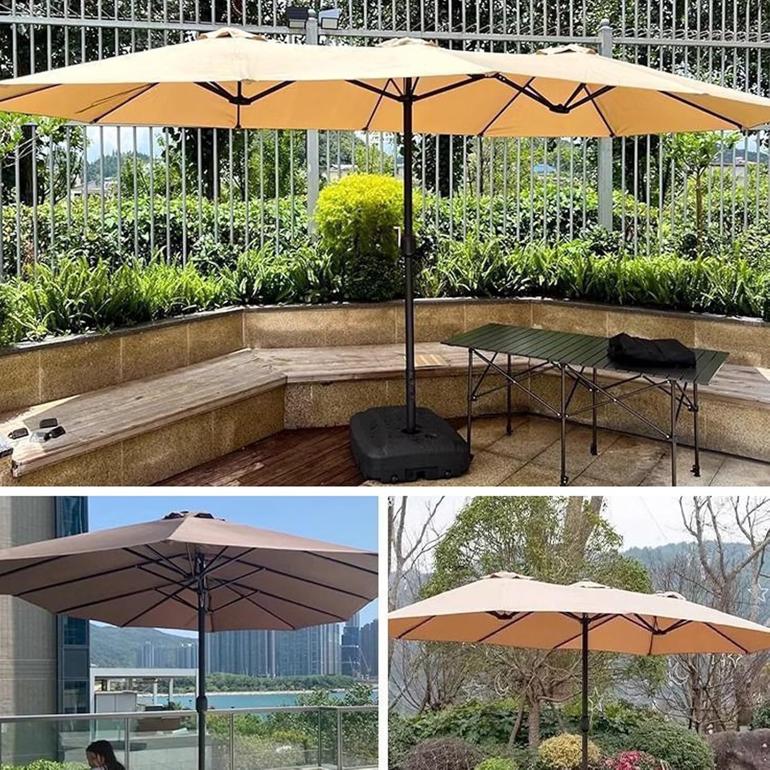 15 Fuß Großer Terrassenschirm (mit Sockel), Großer Doppelseitiger Rechteckiger Sonnenschirm for Den Außenbereich, Ideal for Terrassen, Balkone Und Hinterhöfe(Red,Large Base)