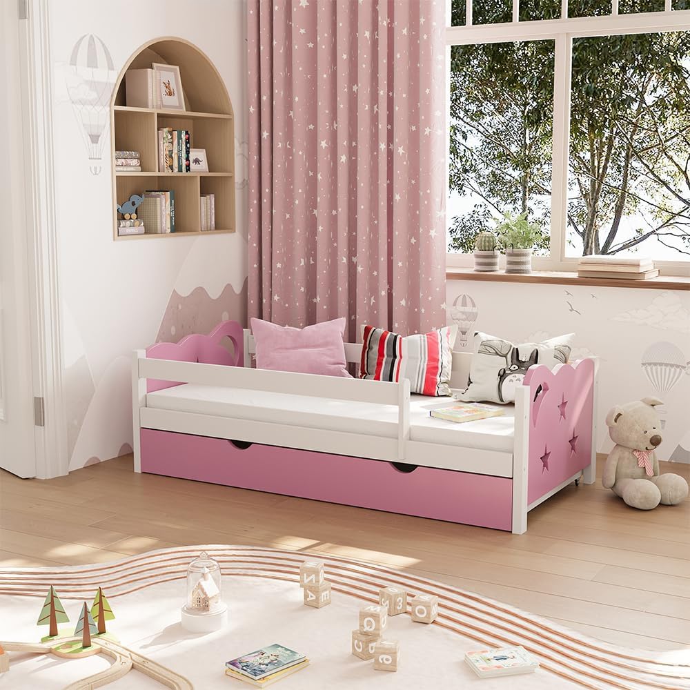 Kinderbett 80x160 cm Jessica mit Schublade und Matratze - Rosa/Weiß 166x53x86 cm aus Bambus - Bettschublade perfekt für Kinder, Geborgenheit für eine Nacht voller schöner Träume