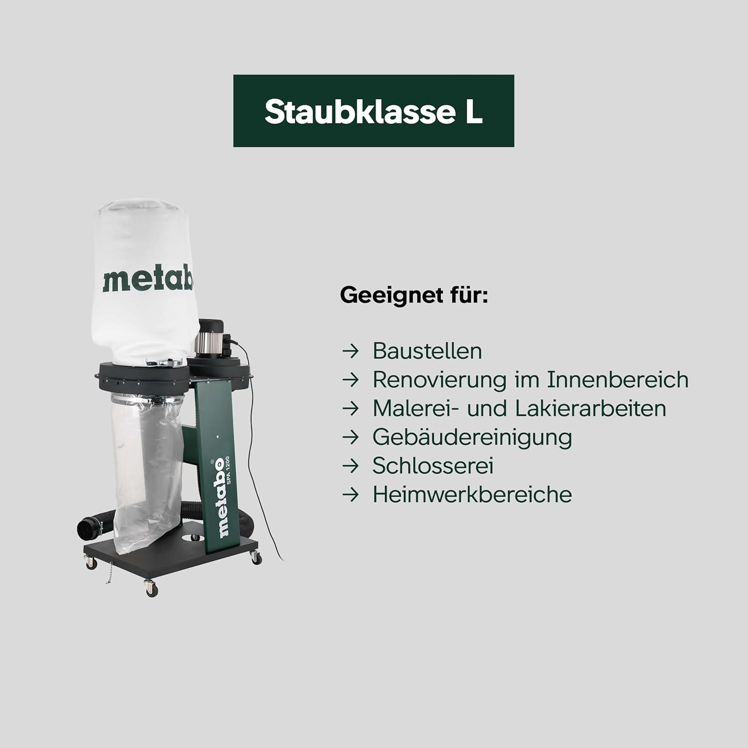 metabo Späneabsauganlage SPA 1200-550 W, 65 L Spänesack, 100 mm Schlauchanschluss - Staubklasse L, Kippsicher, Integrierte Erdung, Mobil auf Rollen - Ideal für Holzbearbeitungsmaschinen