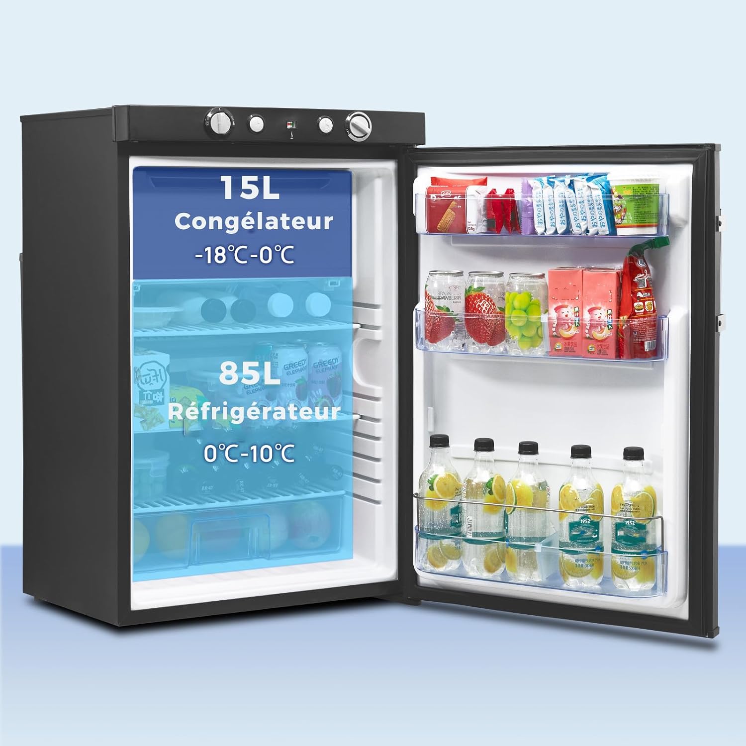 Smad Frigo Gaz, 100L, Frigo Trimixte 12V 220V Gaz, avec Congélateur, Réfrigérateur Camping gaz pour Camping Car, Caravane, Cabanon, Chalet, Noir