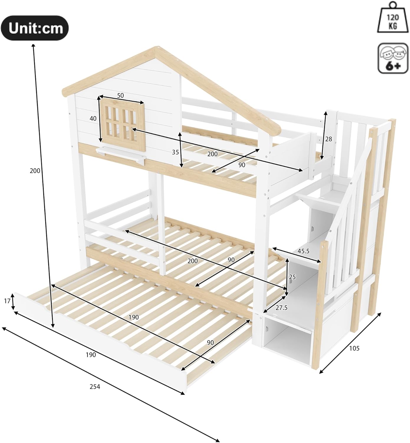 Kinderbett 90x200,Etagenbett für 2 Kinder,Hausbett Hochbett mit Ausziehbett&Treppe&Fenstern&Dach,Holzbett Stauraumbett Stockbett Jugendhochbett mit Rausfallschutz&Lattenrost,Ohne Matratze,Weiß+Natur