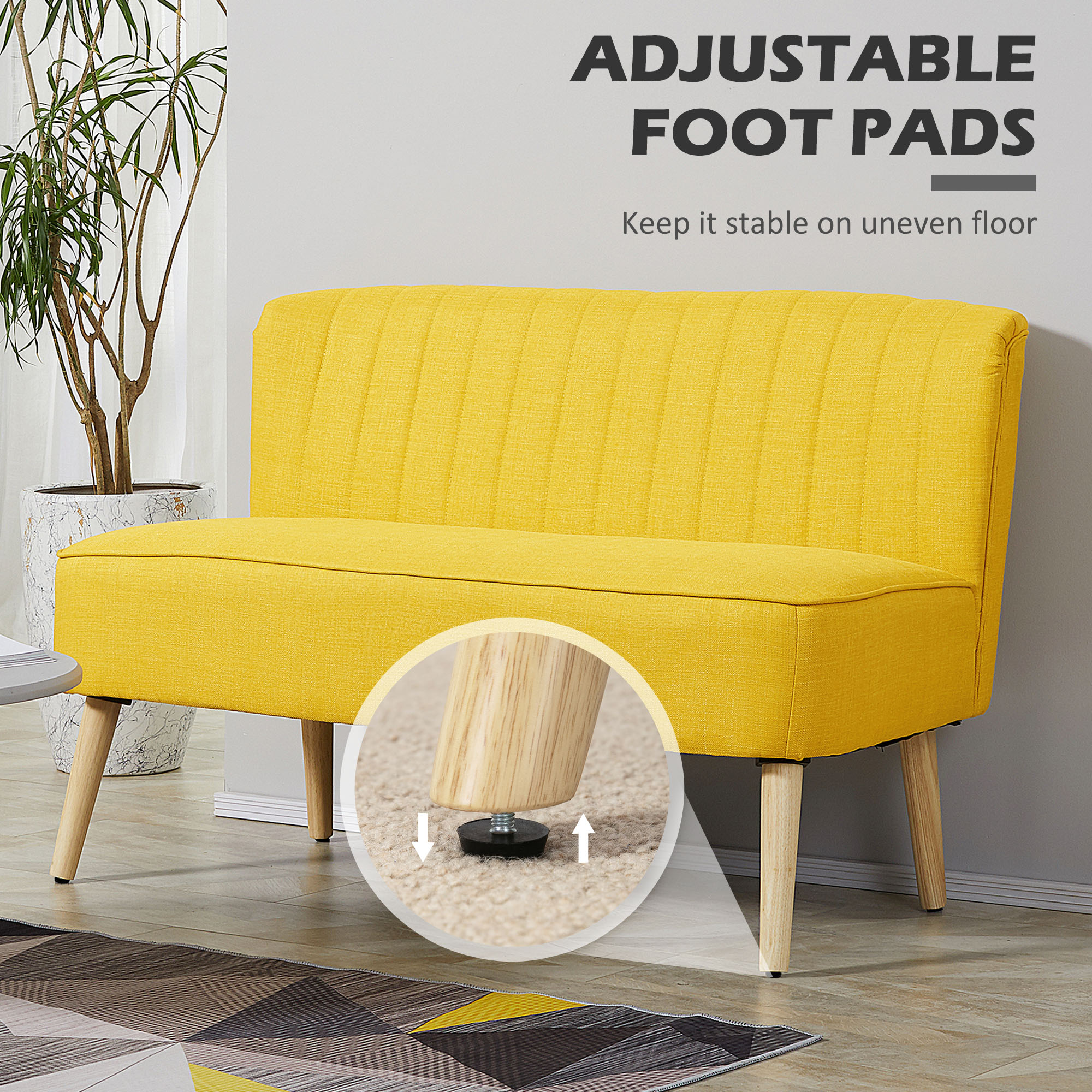 Sofa Retrodesign 2-zitsbank, houten poten, 117 cm x 56,5 cm x 77 cm, Geel