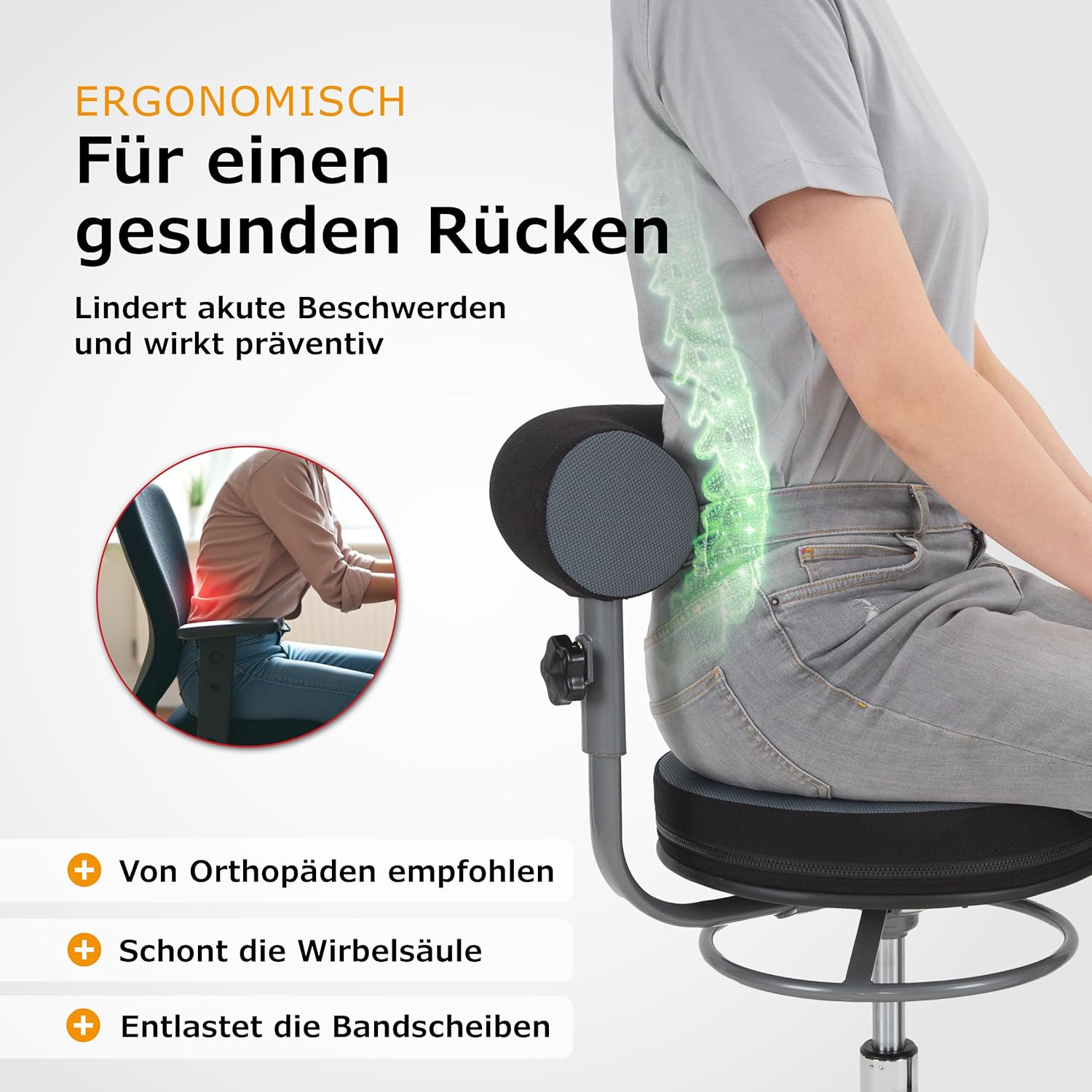 Sanus®-Gesundheitsstuhl | Rollhocker mit 360° Lehne, höhenverstellbarer Lehne, Sitzhöhe (42-51 cm), Stoffbezug grau/schwarz, Rollstopp-Rollen. Ergonomischer Bürostuhl, Erzieherstuhl
