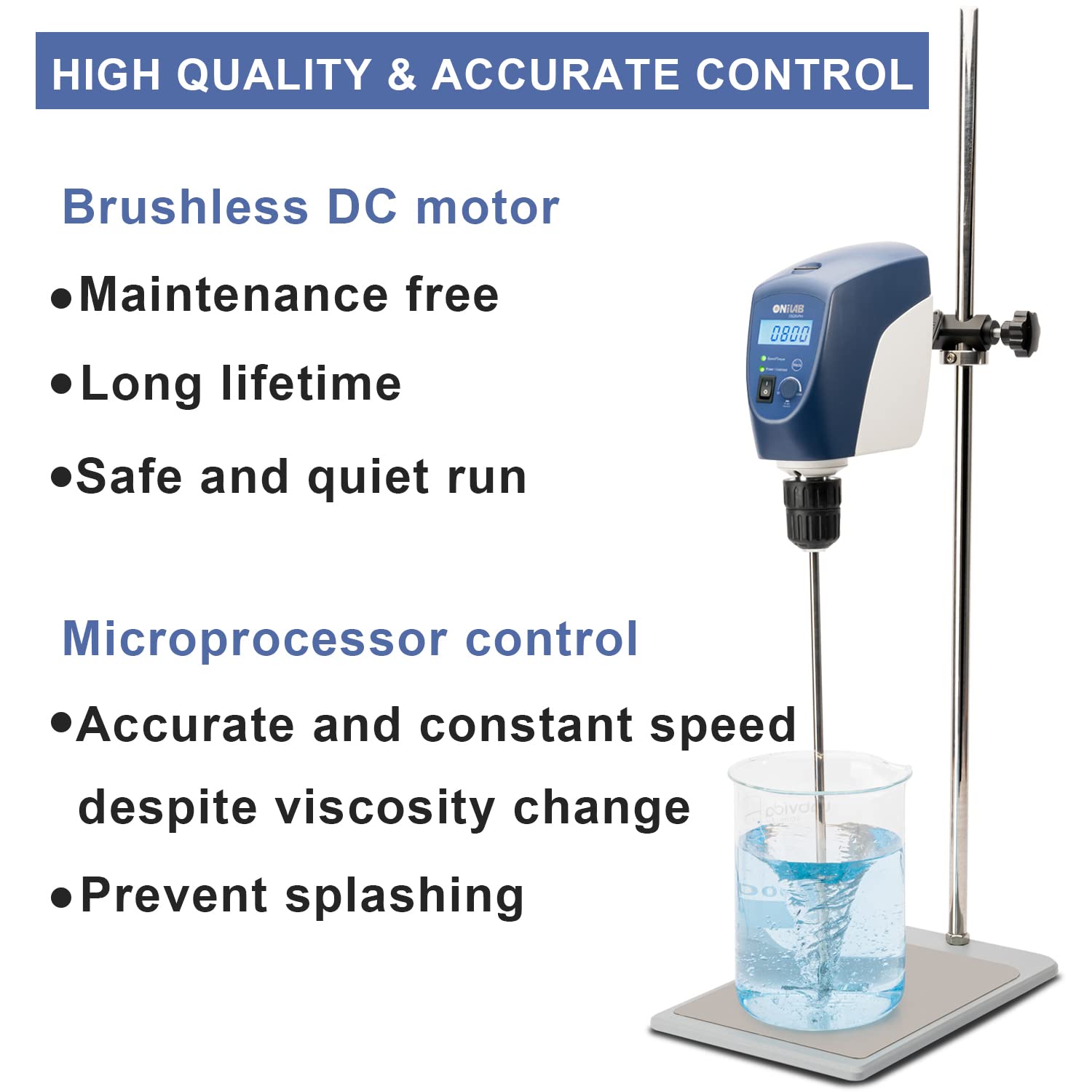 ONiLAB Elektrischer Overhead Rührer, LED Digital Overhead Rührer Mixer mit Rührstab, 20L,10000 mPas, 50~2200RPM, Aluminiumlegierung (Stand enthalten)