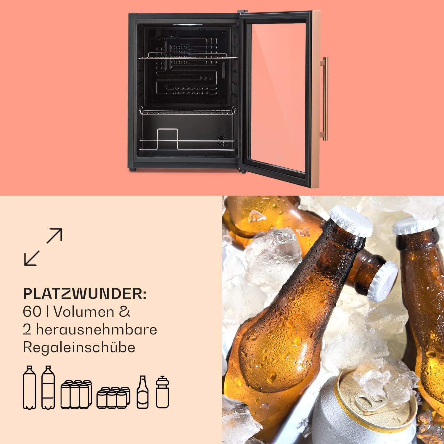 Klarstein Mini Kühlschrank mit Glastür für Zimmer, Getrnkekühlschrank mit Verstellbaren Ablagen, Kleiner 80 Liter, Indoor/Outdoor Kühlschrank Leise