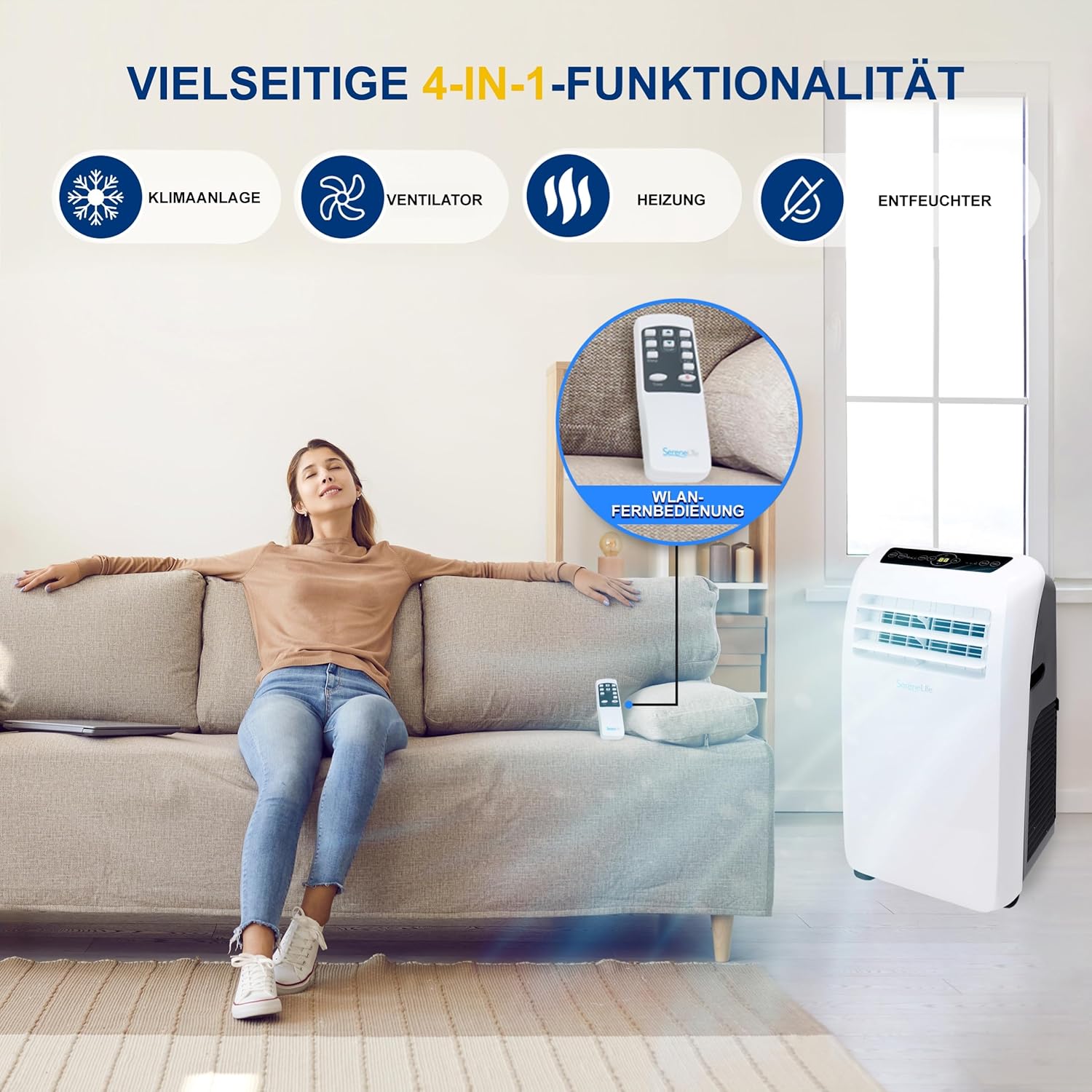 SereneLife Mini Klimaanlage mobil, 3-in-1 mobiles Klimagerät mit Abluftschlauch – Luftkühler, Luftentfeuchter & Ventilator, Air conditioner – 9.000 BTU, 1,5L Feuchtigkeit/Stunde, kühlt Räume bis 42 m2