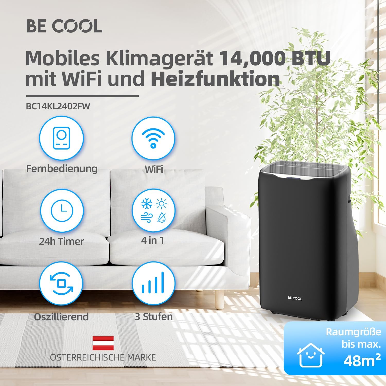 BE COOL 4in1 Klimagerät 14.000 BTU BC14KL2402FW – Kühlen: 14.000 BTU, Heizfunktion, bis max. 125 m³, WiFi-Steuerung, Fernbedienung, schwarz