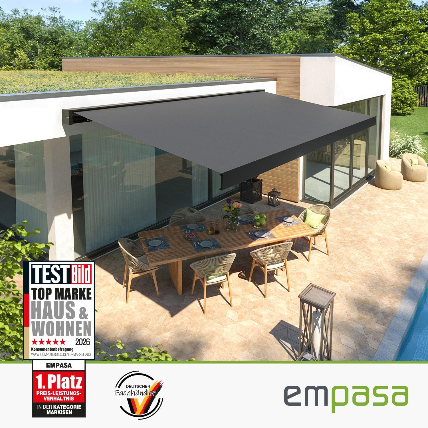 empasa elektrische Vollkassettenmarkise Cube ONE Smart Home kompatibel mit WiFi-Motor Markise Sonnenschutz Kassettenmarkise kubisches Design, Farbe:anthrazit, Größe:3 x 2.5 m