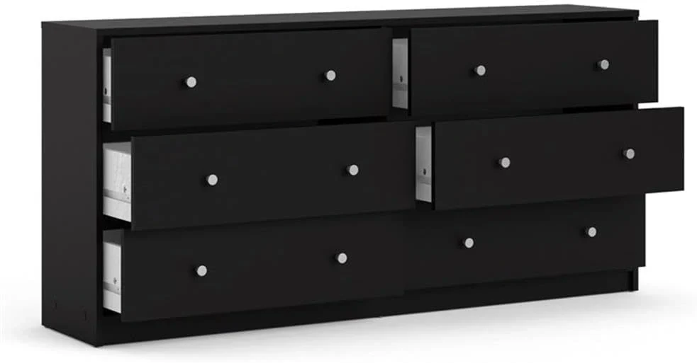 3-Pc Scandinavian Design Engineered Wood Bedroom Furniture Set with 3-Drawer Chest & 6-Drawer Double Dresser & 1-Drawer Nightstand, Pewter Plastic Handles, Smooth Plastic Glides, in Black