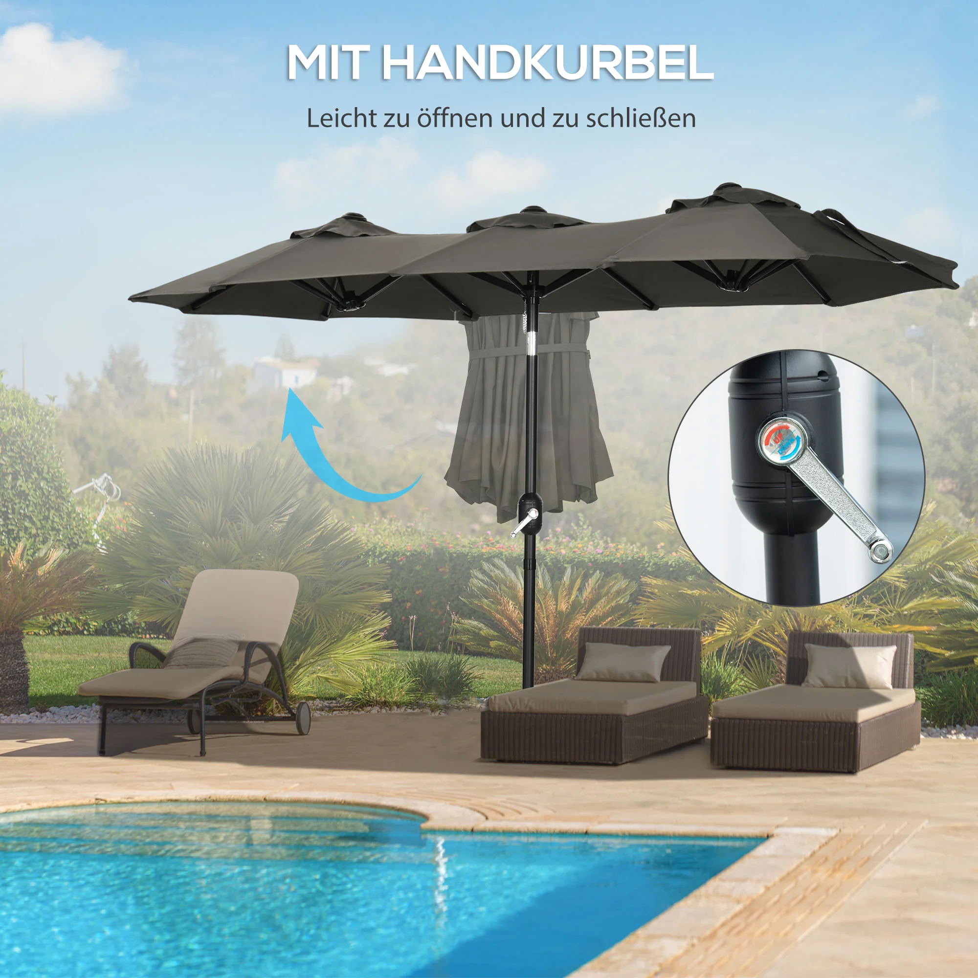 Outsunny parasol, tuinparasol, kantelbaar, met handslinger, winddak, polyester+staal, grijs, 285 x 147 cm