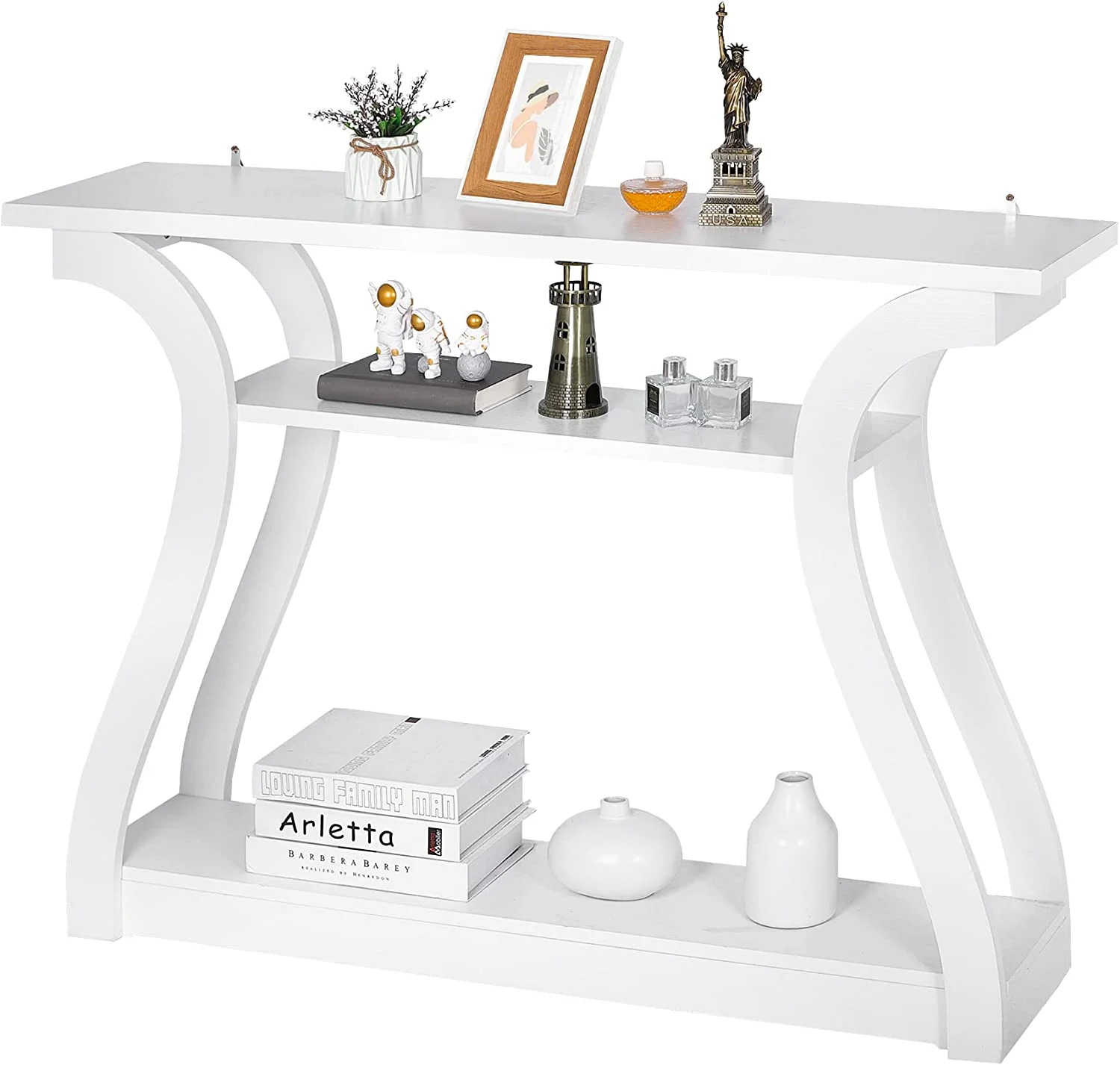 Consoletafel, haltafel met 3-laagse planken, lange smalle tafel voor hal, woonkamer, gang, bank, modderkamer, wit