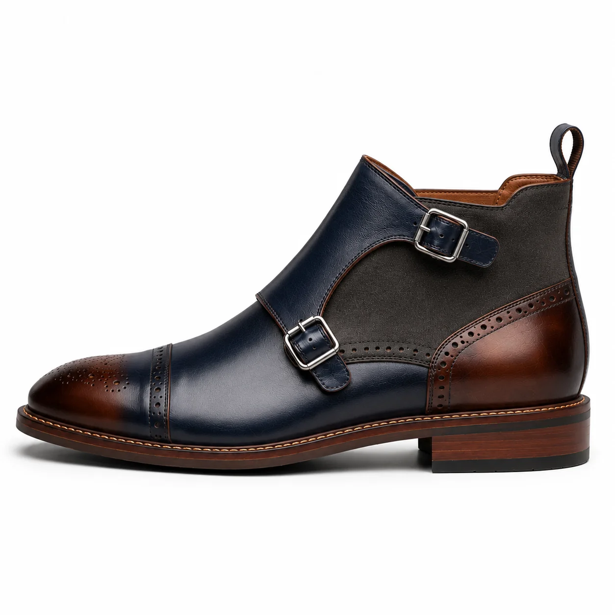 Men��s Navy Blue Double Monk Strap Boots �C Brogue Cap Toe Design