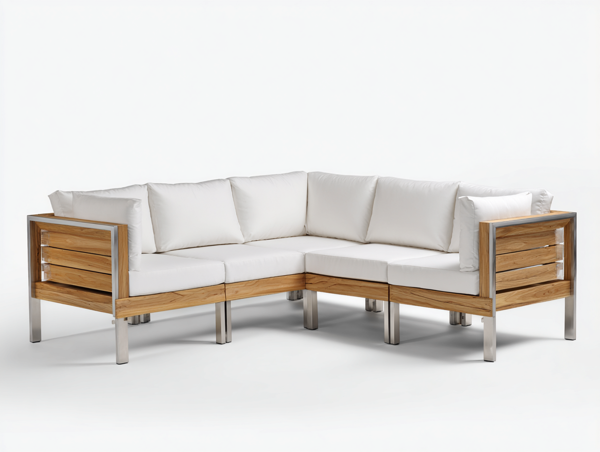 Gartensofa Ecksofa Set Holz und Edelstahl für Garten und Terrasse 240x240x75 cm - Naturholz und Weiß - Modernes Lounge Design