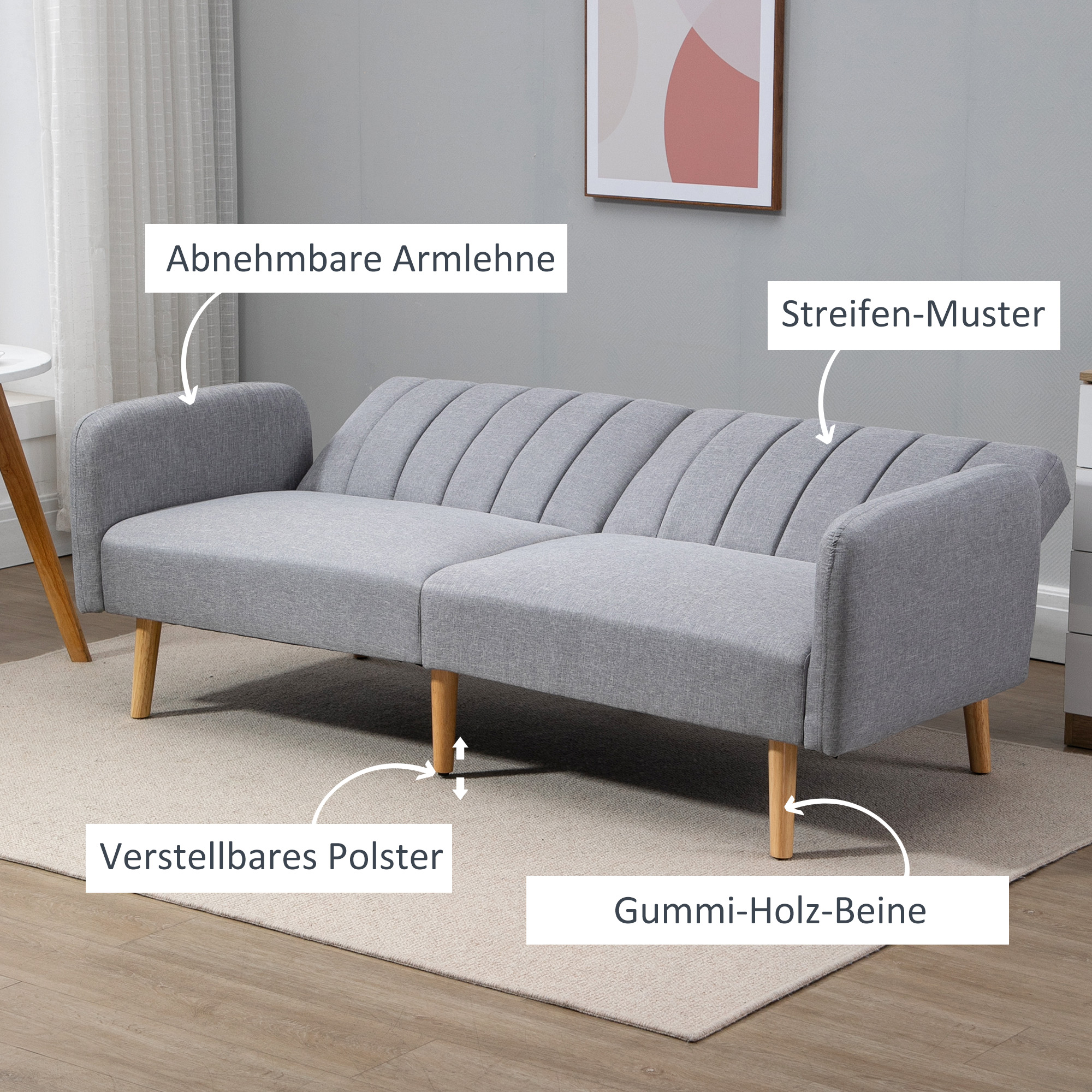 Slaapbank, 2-zits stofbank, Bank met slaapfunctie, linnen-look polyester, rubberhout, 173 x 75 x 73 cm, Grijs