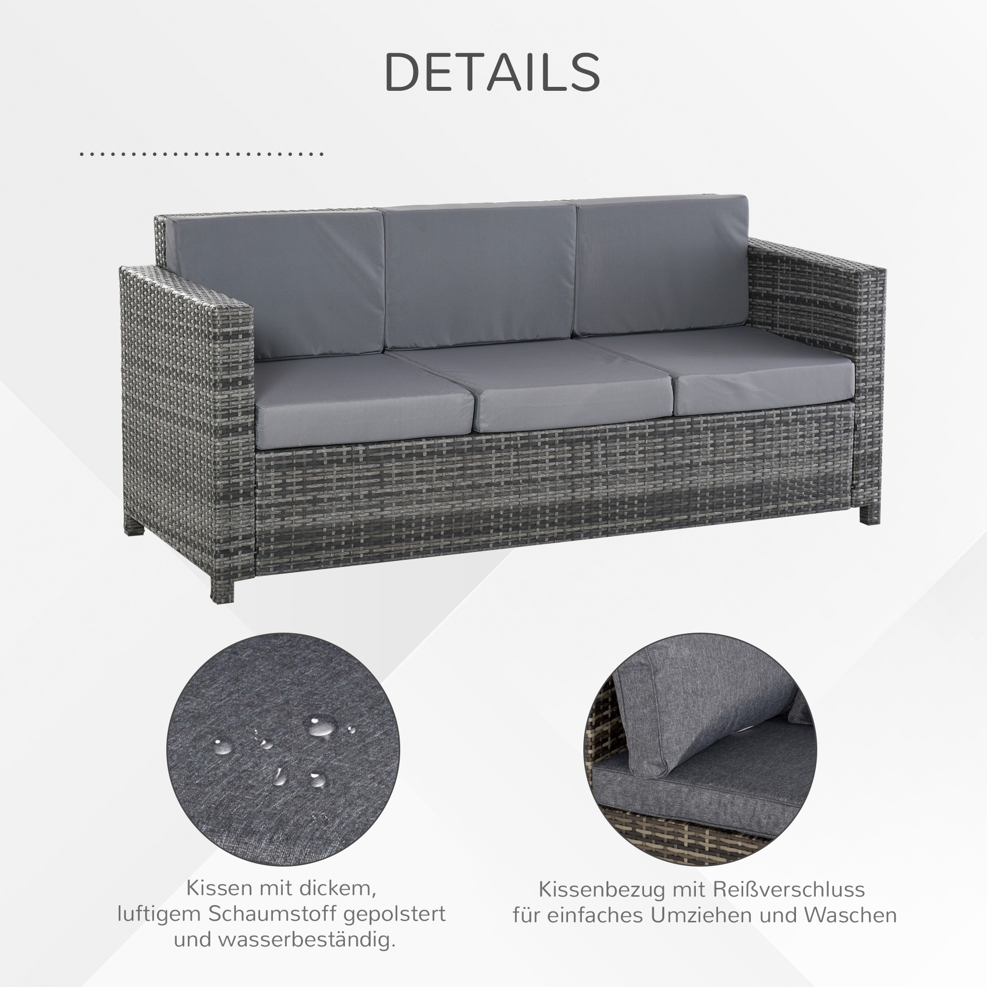 Outsunny Poly-rotan bank met kussens 3-zits loungebank tuin metaal polyester grijs
