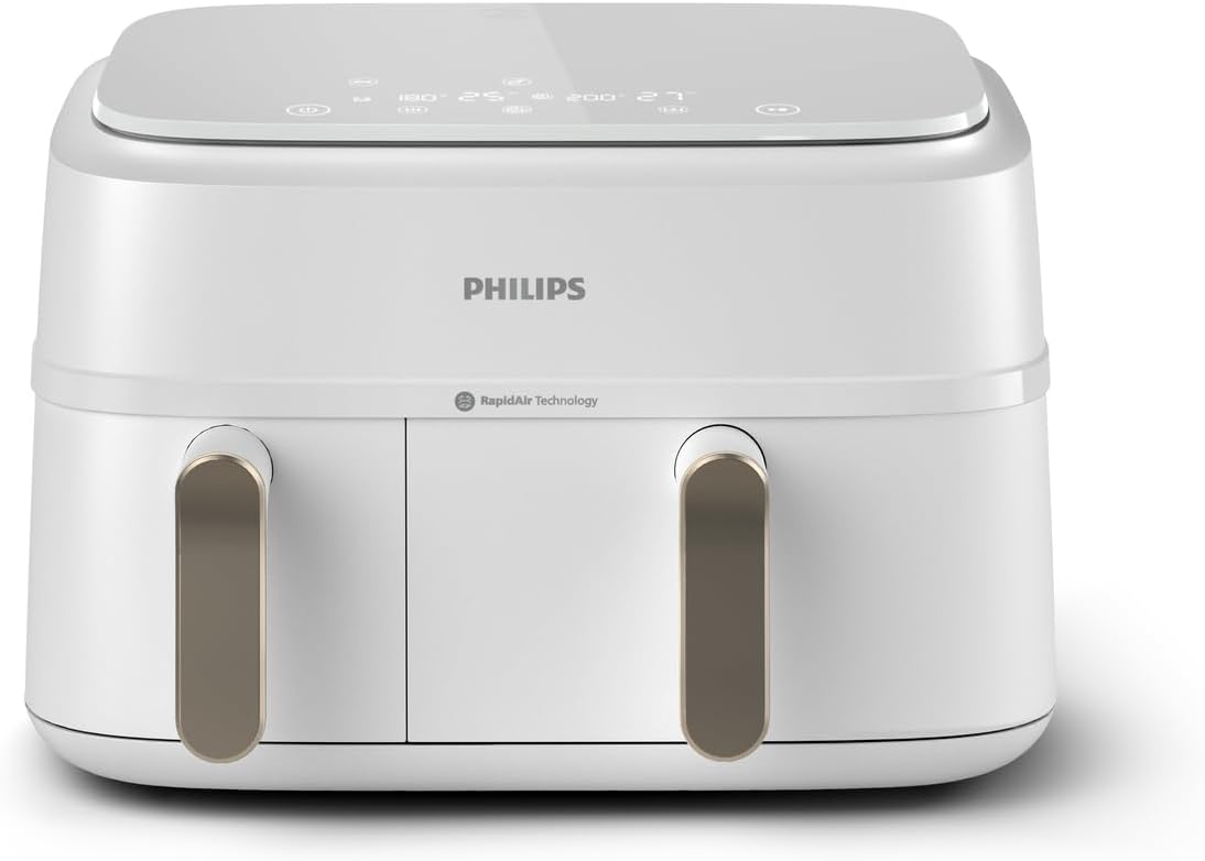 Philips Airfryer 4000 Series Stacked Dual Basket, Stacked Hot Air Fryer, 2 Chambers, 10L, RapidAir Technology, 45% Less Space, PFAS-Free Ceramic Coating, Viewing Window (NA460/00)