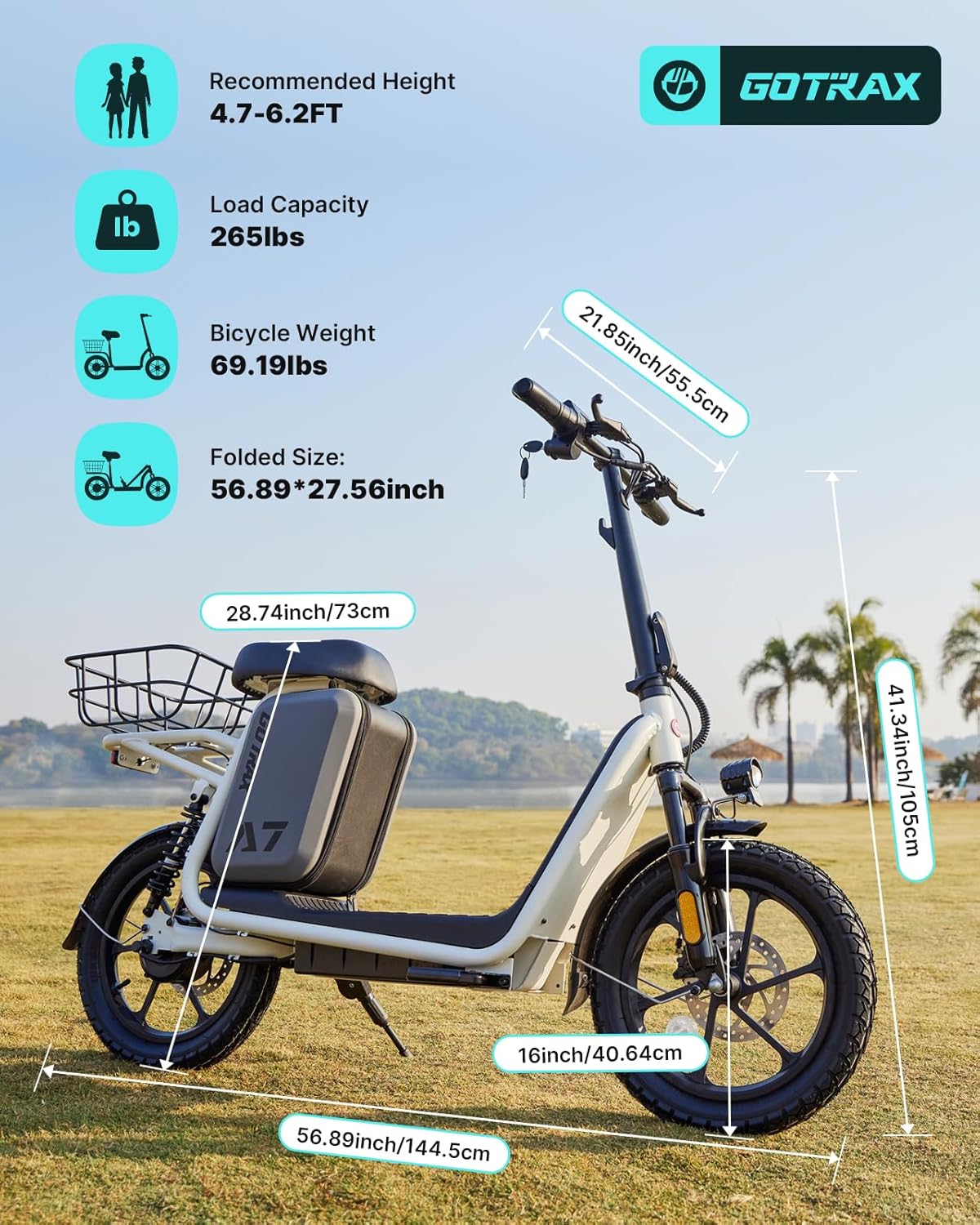 Gotrax adult electric scooter with seat, maximum range of 19-25 miles, all-terrain tires, wide pedals, padded seat, and carrycot