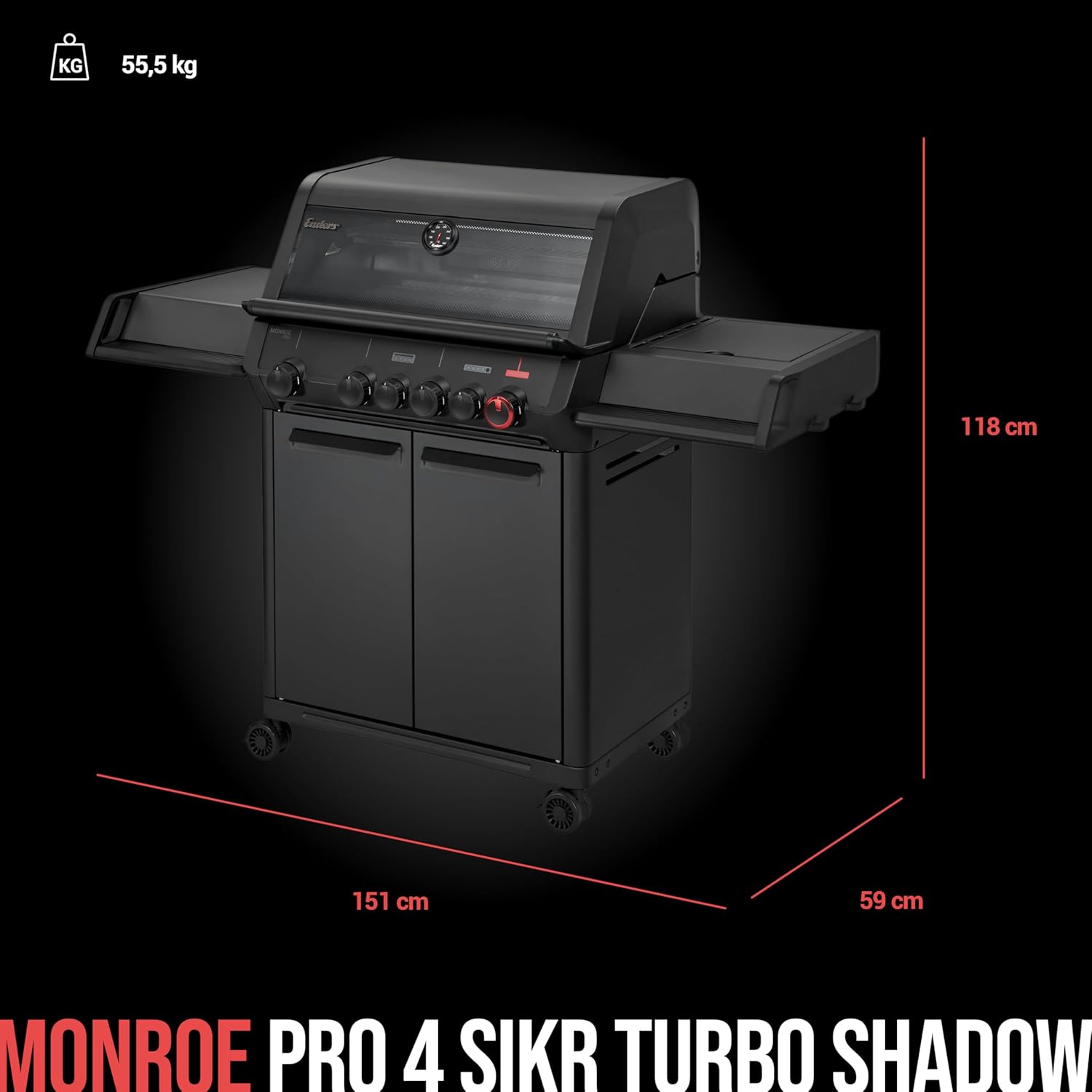 Enders® Gasgrill Monroe Pro 4 SIKR Turbo Shadow inkl. Seargrate, 4-Brenner, mit Kocher, Infrarot-Heckbrenner, PanoVision Sichtfenster, Gussrost, Aluguss Grill, 800 °C TURBO ZONE™, SIMPLE CLEAN™, #8366