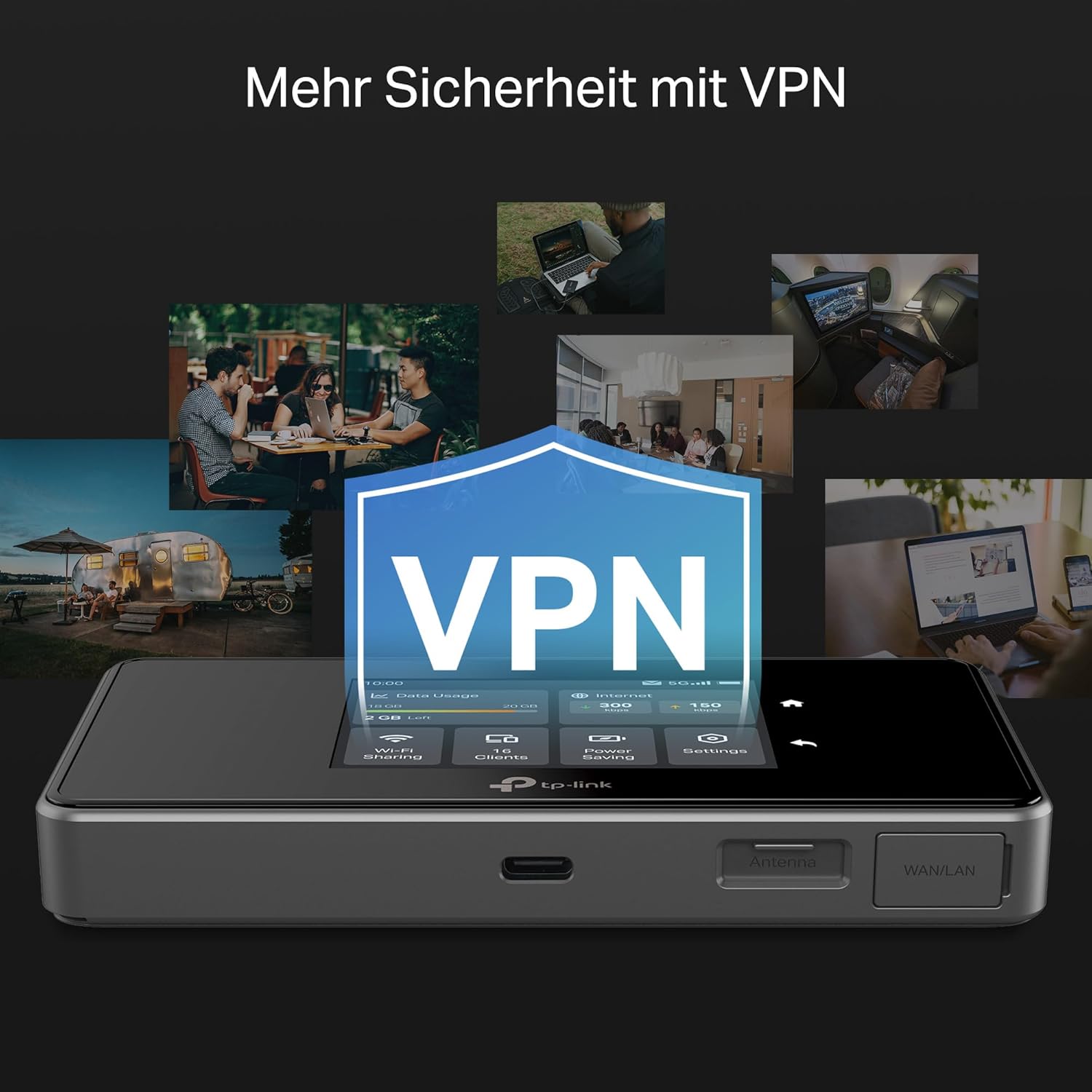 TP-Link M8550 5G LTE Mobiler WLAN Router – Bis zu 3,4 Gbit/s, Tri-Band Wi-Fi 6E, Nano-SIM-Karten Slot, Gigabit WAN/LAN, 4680 mAh Akku, Touchscreen, Wireguard, bis zu 32 Geräte