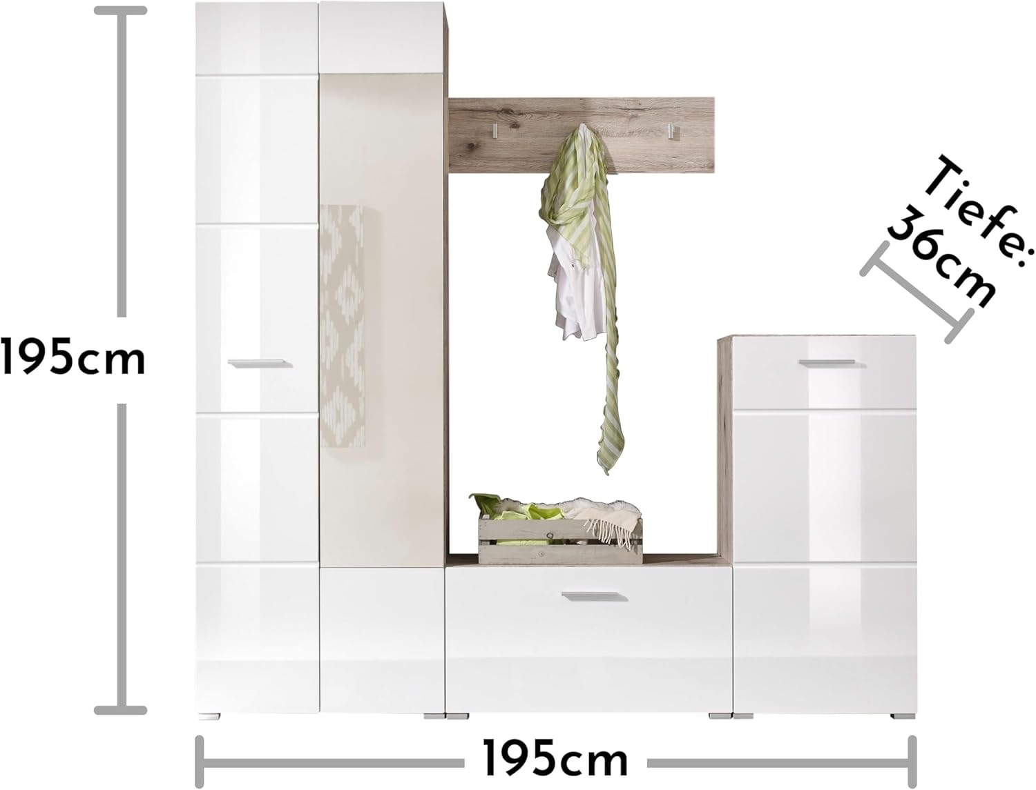 Sixx Flurgarderoben Set in Weiß Hochglanz/Sandeiche Optik - Moderne Kompaktgarderobe 4-teilig für Ihren Eingangsbereich - 195 x 195 x 36 cm (B/H/T)