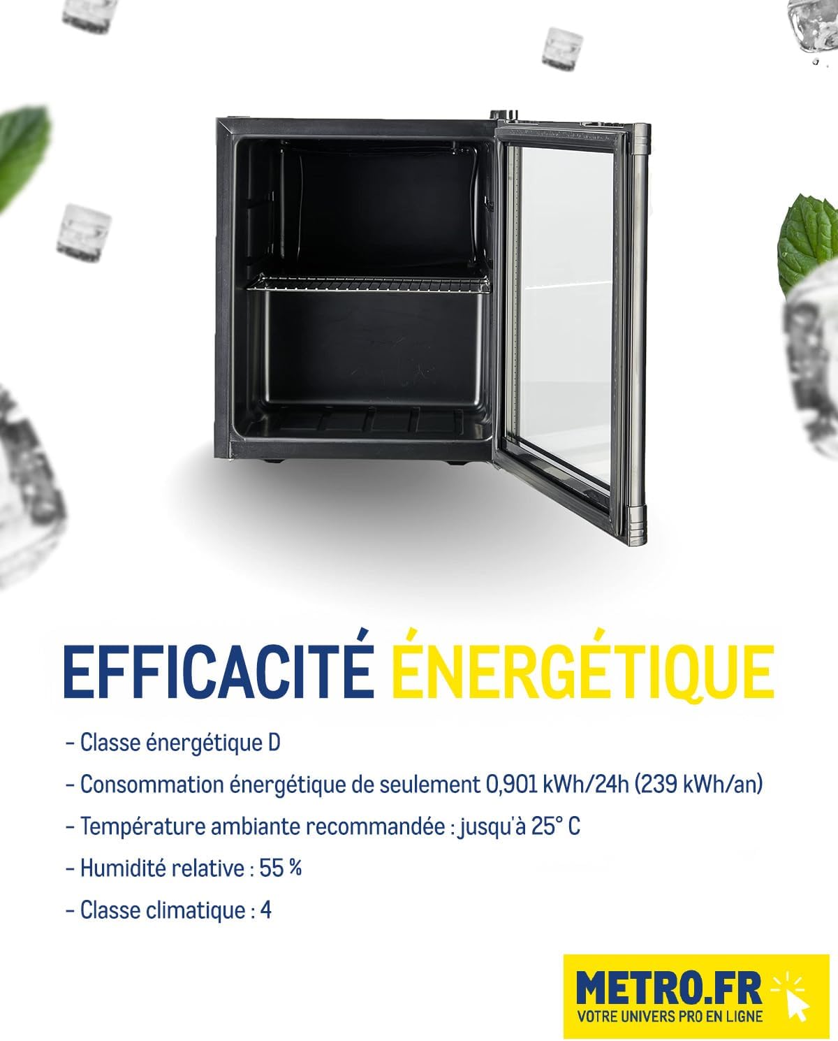 METRO Professional Minibar vitré/Réfrigérateur GPC1046, verre/acier inoxydable, 43 x 48 x 51.5 cm, 46 L, froid ventilé, noir