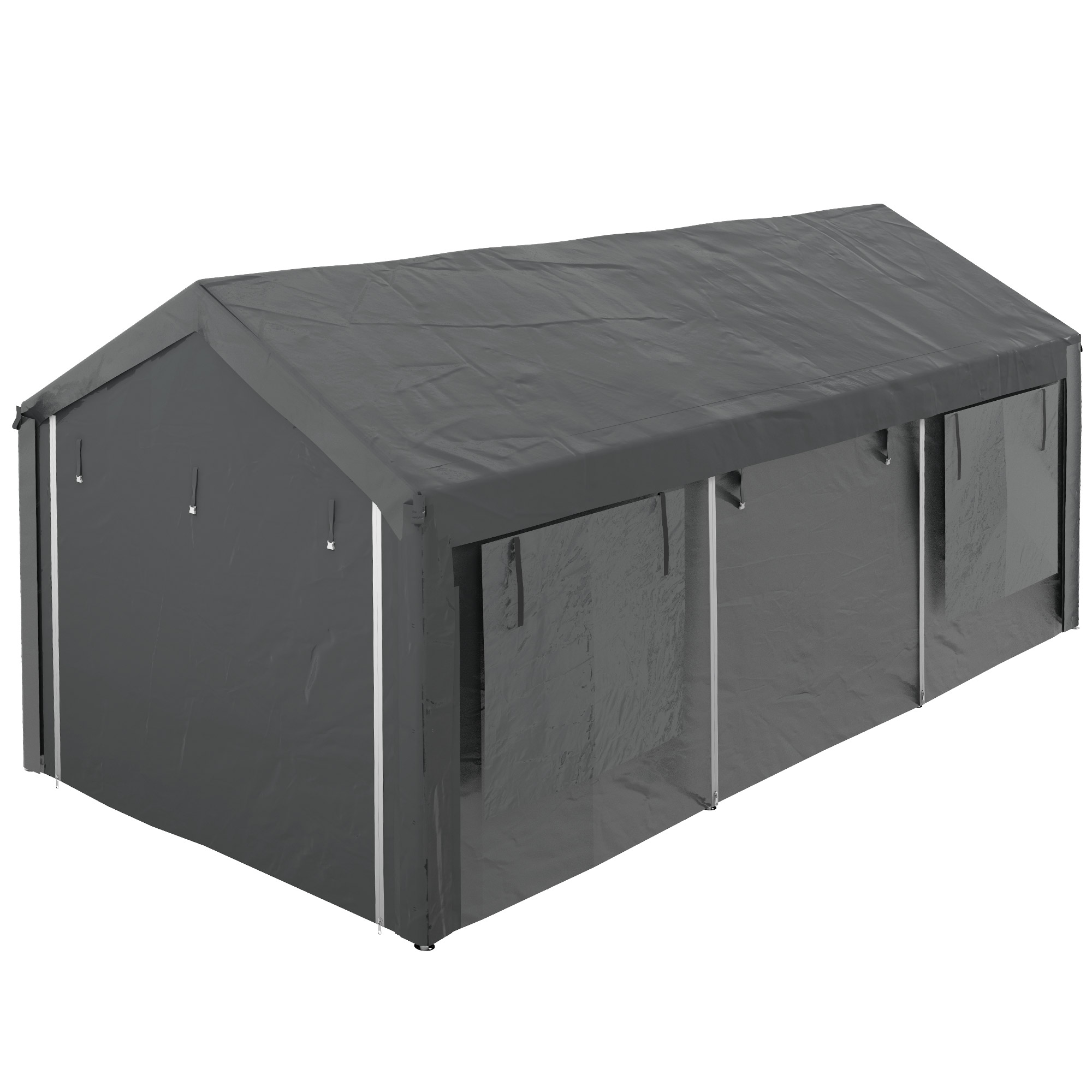 Outsunny Carport & Partytent, verstelbaar in hoogte, 4 ramen & deuren, metalen frame, 3 x 6m, Donkergrijs