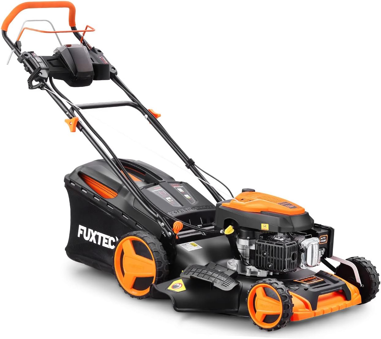 FUXTEC 4in1 Benzin Rasenmäher FX-RM5196eSPRO mit E-Start und regulierbarem Selbstantrieb, Gartenmäher inkl. Frontstoßstange, 51 cm Schnittbreite, kugelgelagerte Big Wheel Räder, 60L Grasfangkorb